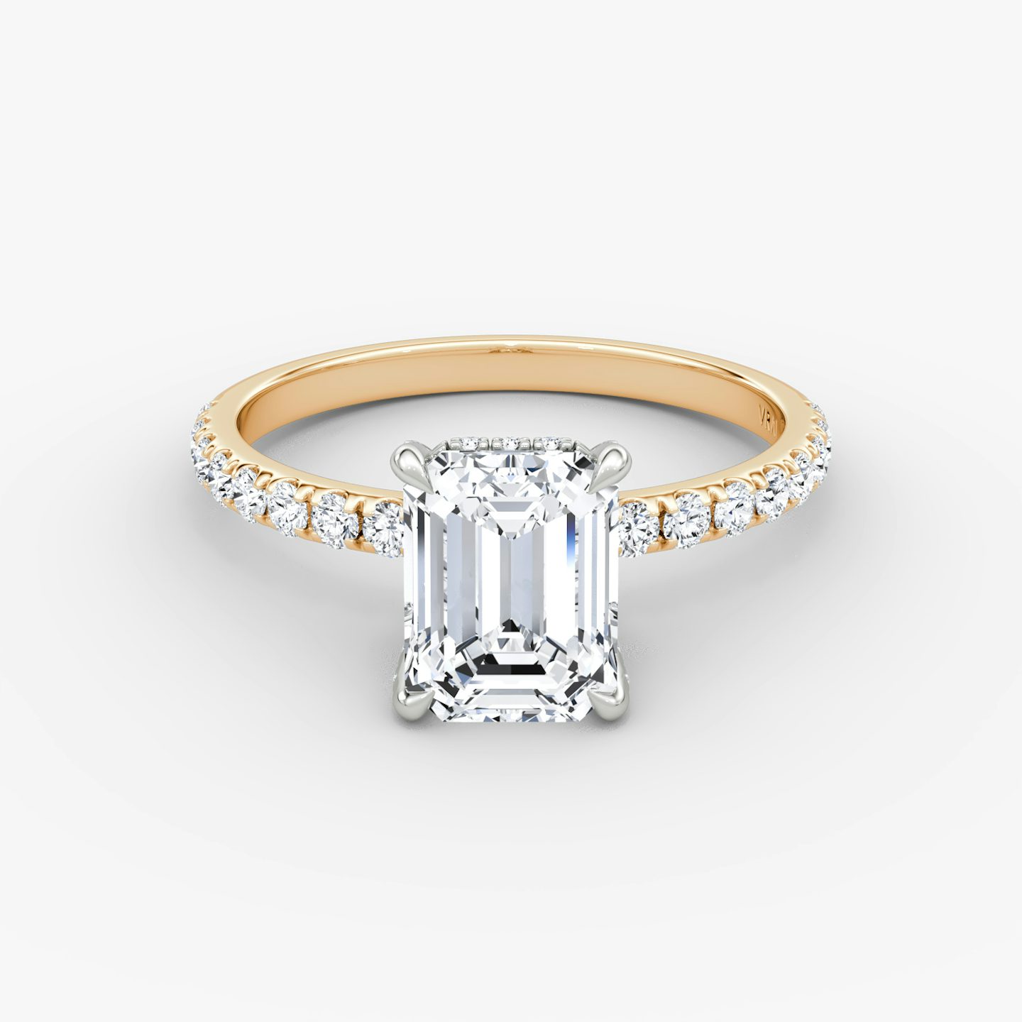 The Classic Hidden Halo | Emerald | 14k | Rose Gold and Platinum | bandAccent: Pavé | bandWidth: large | prongStyle: Pavé | diamondOrientation: vertical | caratWeight: other