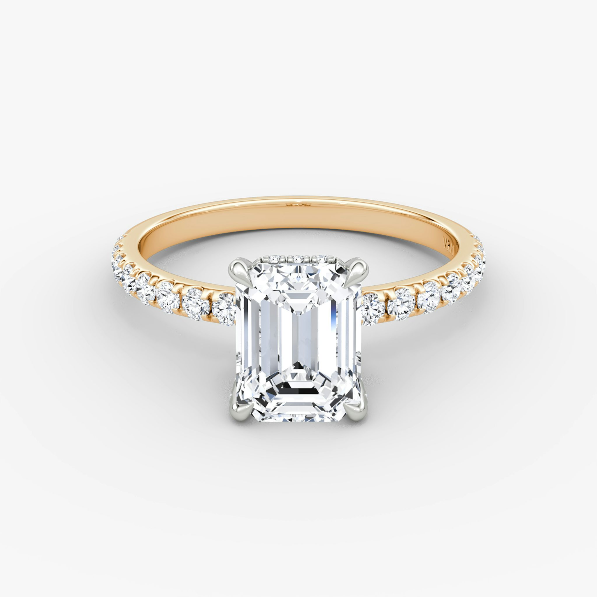 The Classic Hidden Halo | Emerald | 14k | Rose Gold and Platinum | bandAccent: Pavé | bandWidth: large | prongStyle: Pavé | diamondOrientation: vertical | caratWeight: other