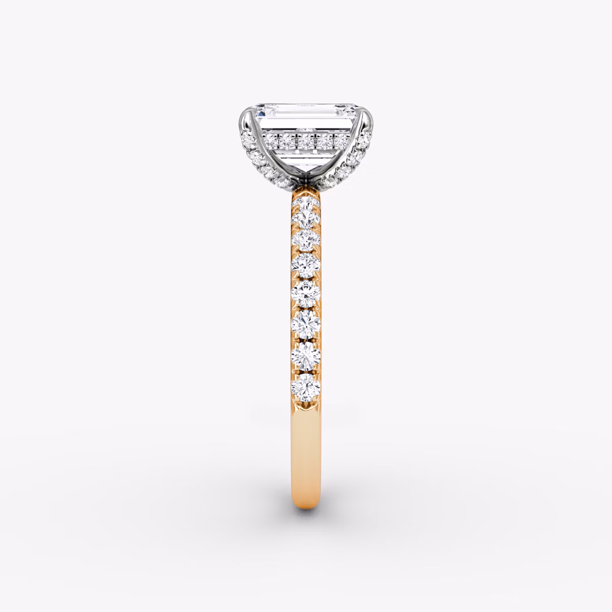 The Classic Hidden Halo | Emerald | 14k | Rose Gold and Platinum | bandAccent: Pavé | bandWidth: large | prongStyle: Pavé | diamondOrientation: vertical | caratWeight: other