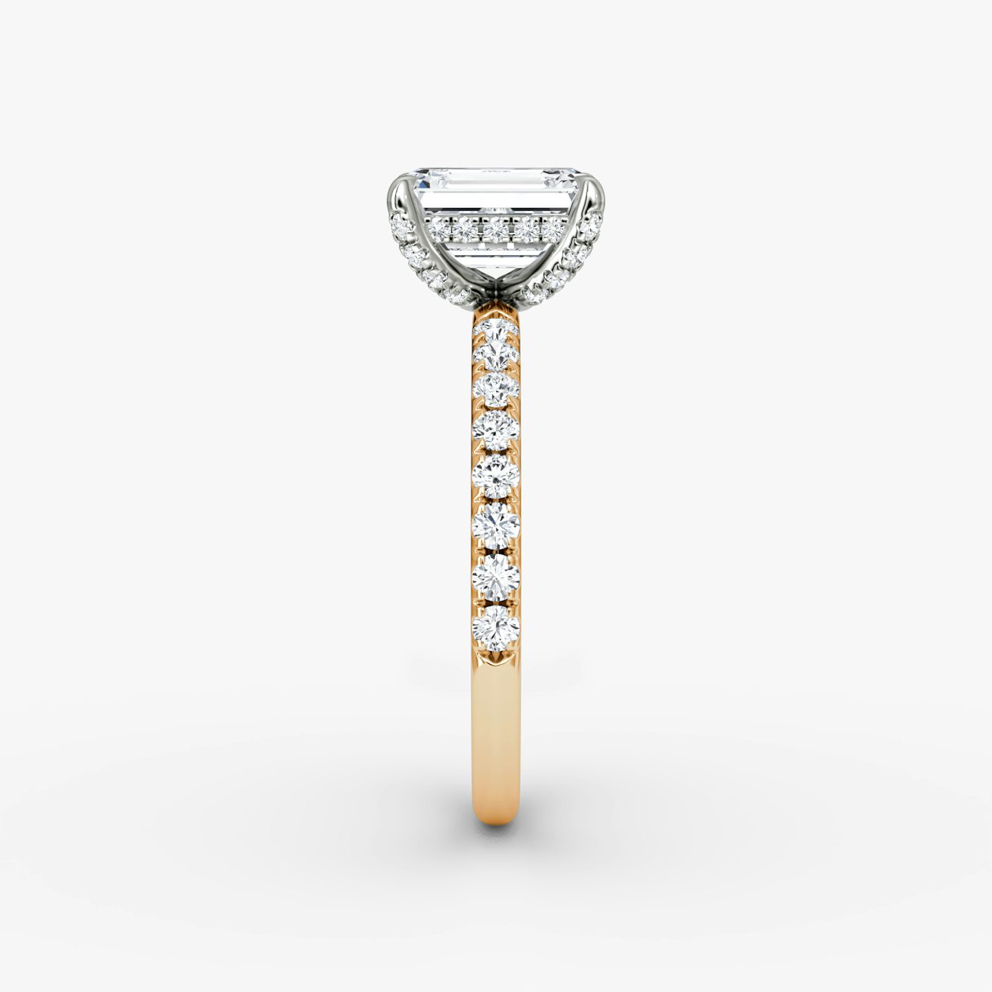 The Classic Hidden Halo | Emerald | 14k | Rose Gold and Platinum | bandAccent: Pavé | bandWidth: large | prongStyle: Pavé | diamondOrientation: vertical | caratWeight: other