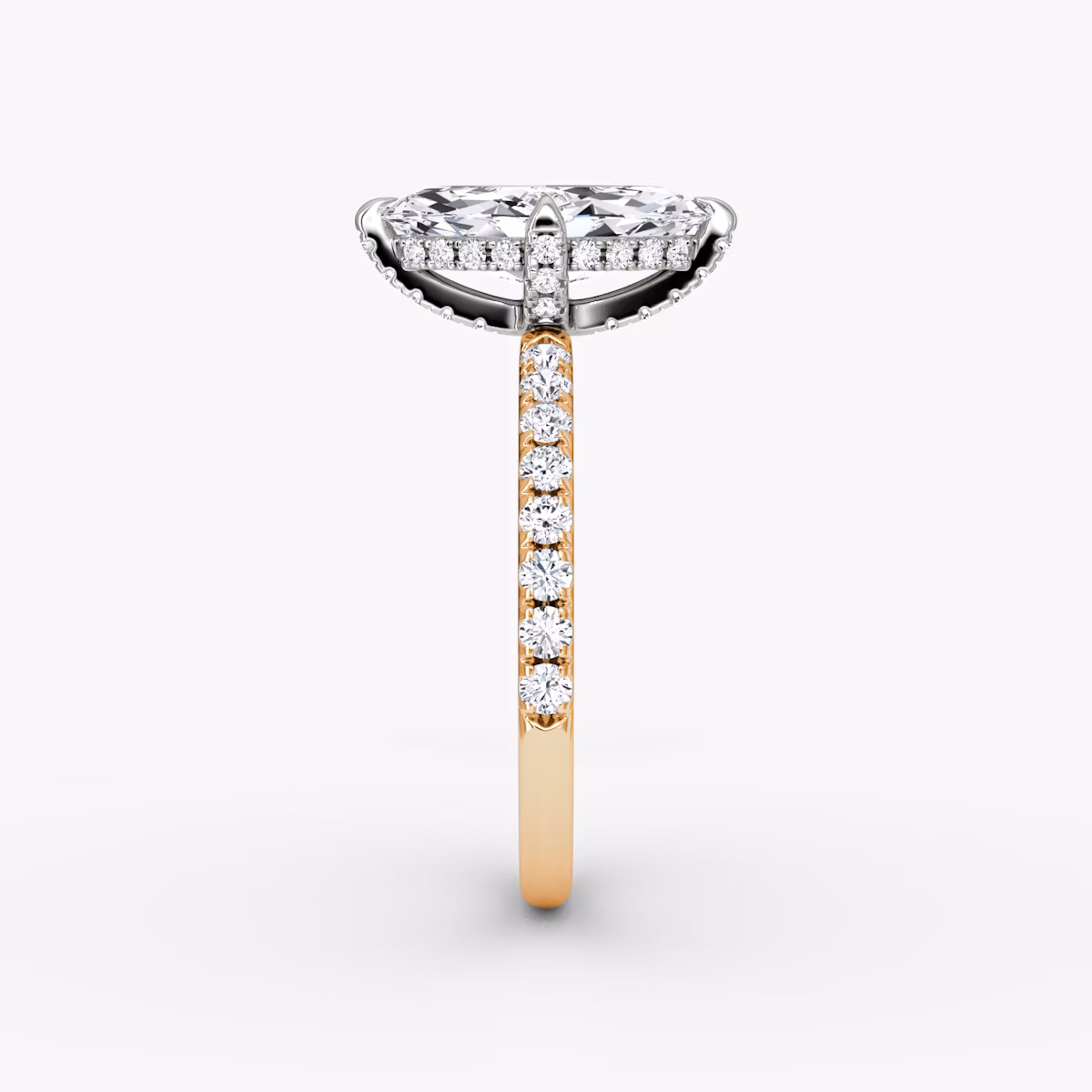 The Classic Hidden Halo | Marquise | 14k | Rose Gold and Platinum | bandAccent: Pavé | bandWidth: large | prongStyle: Pavé | diamondOrientation: vertical | caratWeight: other