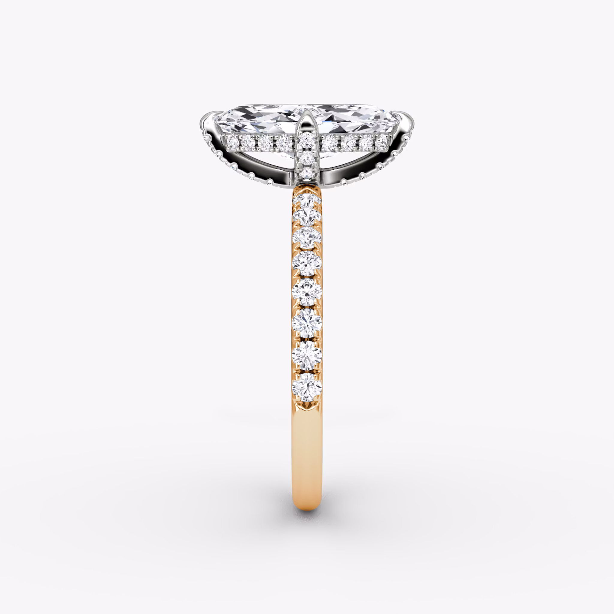 The Classic Hidden Halo | Marquise | 14k | Rose Gold and Platinum | bandAccent: Pavé | bandWidth: large | prongStyle: Pavé | diamondOrientation: vertical | caratWeight: other