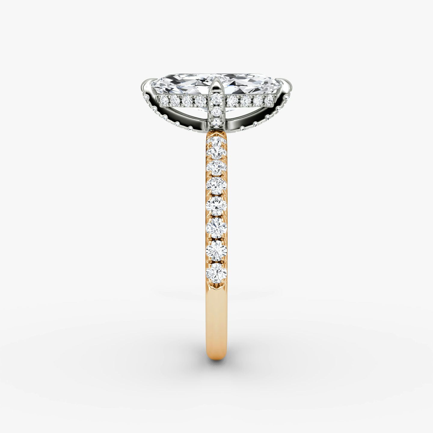 The Classic Hidden Halo | Marquise | 14k | Rose Gold and Platinum | bandAccent: Pavé | bandWidth: large | prongStyle: Pavé | diamondOrientation: vertical | caratWeight: other