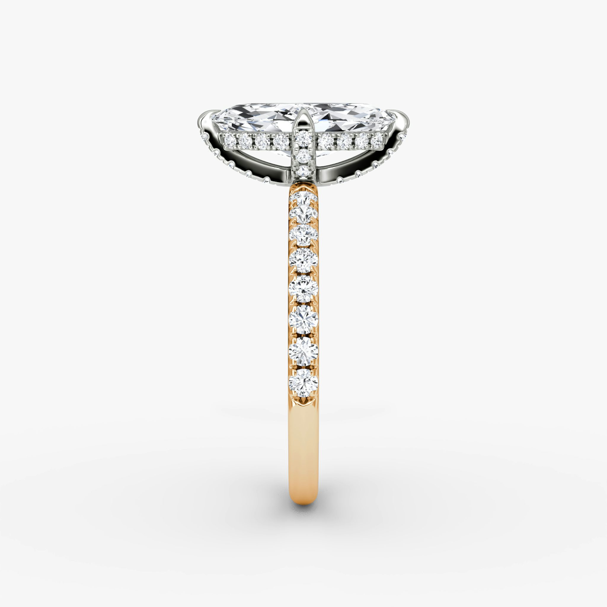 The Classic Hidden Halo | Marquise | 14k | Rose Gold and Platinum | bandAccent: Pavé | bandWidth: large | prongStyle: Pavé | diamondOrientation: vertical | caratWeight: other