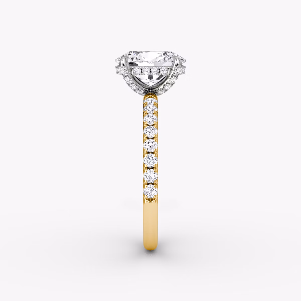 The Classic Hidden Halo | Oval | 18k | Yellow Gold and Platinum | bandAccent: Pavé | bandWidth: large | prongStyle: Pavé | diamondOrientation: vertical | caratWeight: other