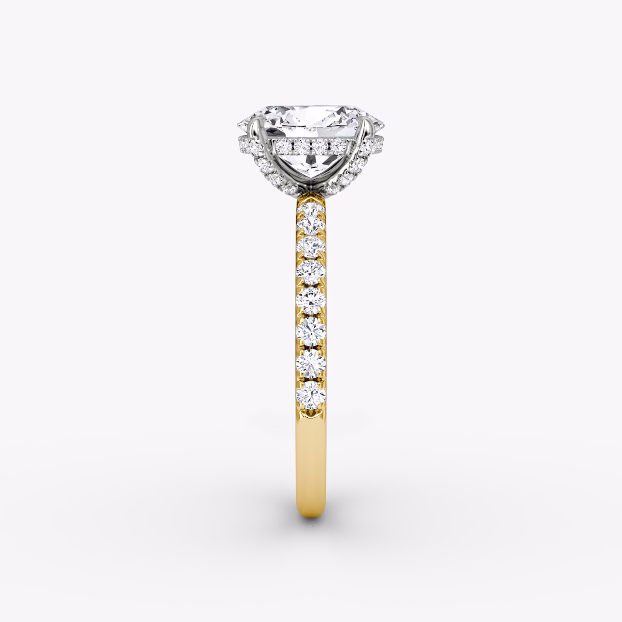 The Classic Hidden Halo | Oval | 18k | Yellow Gold and Platinum | bandAccent: Pavé | bandWidth: large | prongStyle: Pavé | diamondOrientation: vertical | caratWeight: other