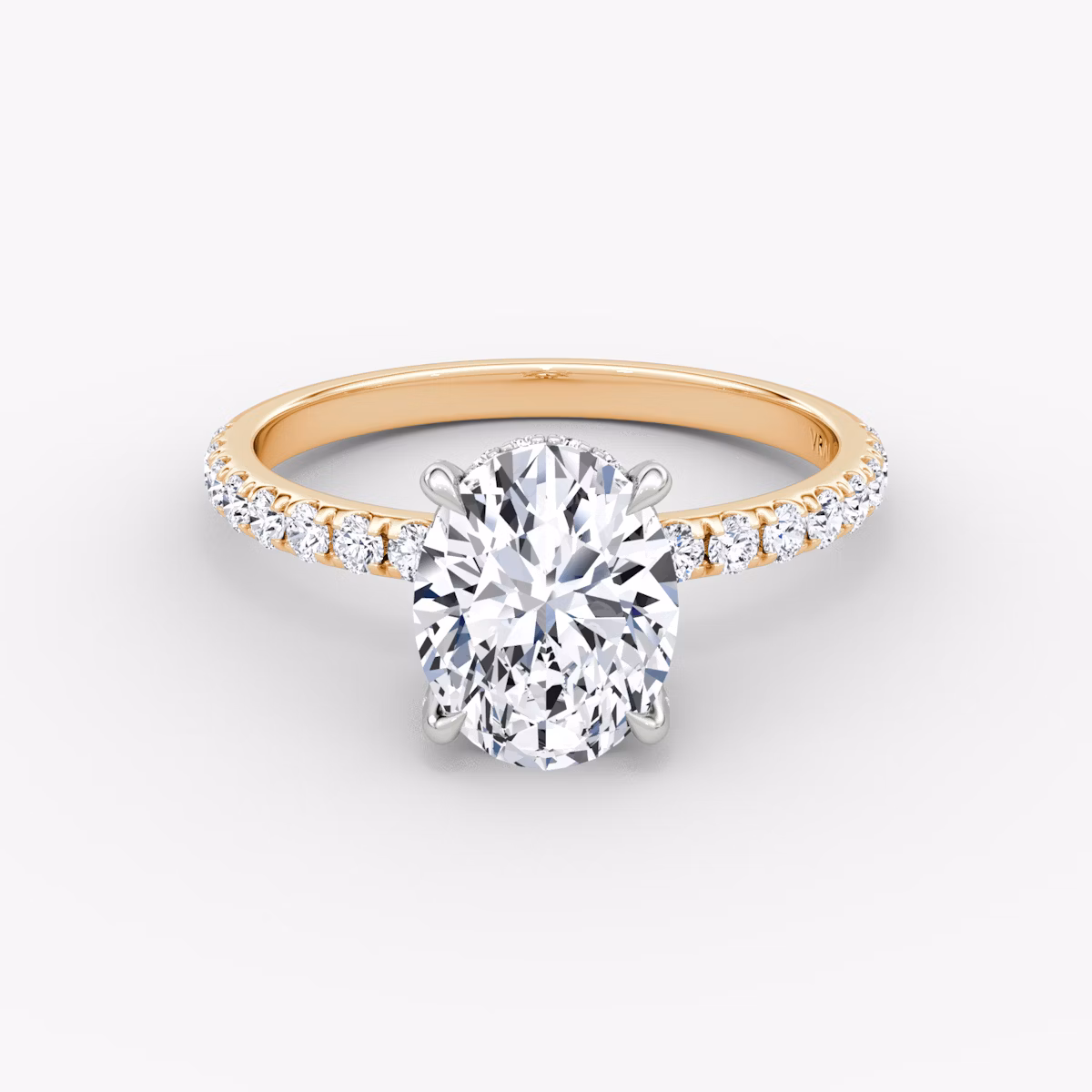 The Classic Hidden Halo | Oval | 14k | Rose Gold and Platinum | bandAccent: Pavé | bandWidth: large | prongStyle: Pavé | diamondOrientation: vertical | caratWeight: other