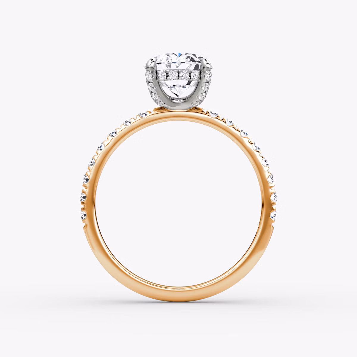The Classic Hidden Halo | Oval | 14k | Rose Gold and Platinum | bandAccent: Pavé | bandWidth: large | prongStyle: Pavé | diamondOrientation: vertical | caratWeight: other