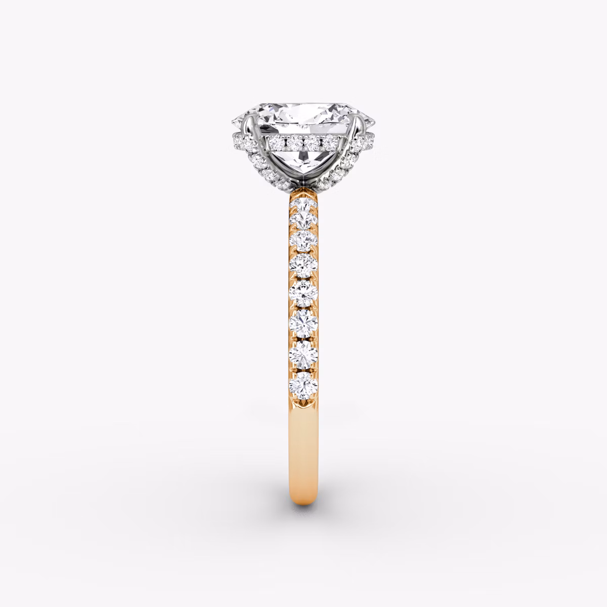 The Classic Hidden Halo | Oval | 14k | Rose Gold and Platinum | bandAccent: Pavé | bandWidth: large | prongStyle: Pavé | diamondOrientation: vertical | caratWeight: other