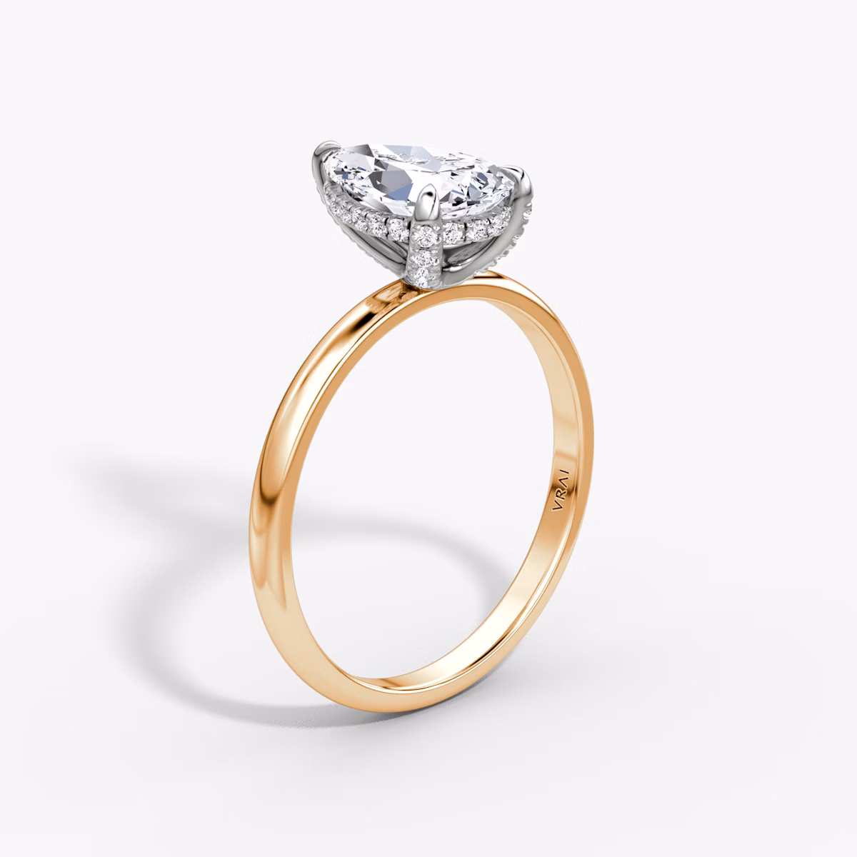 The Classic Hidden Halo | Pear | 14k | Rose Gold and Platinum | bandAccent: Plain | bandWidth: large | prongStyle: Pavé | diamondOrientation: vertical | caratWeight: other