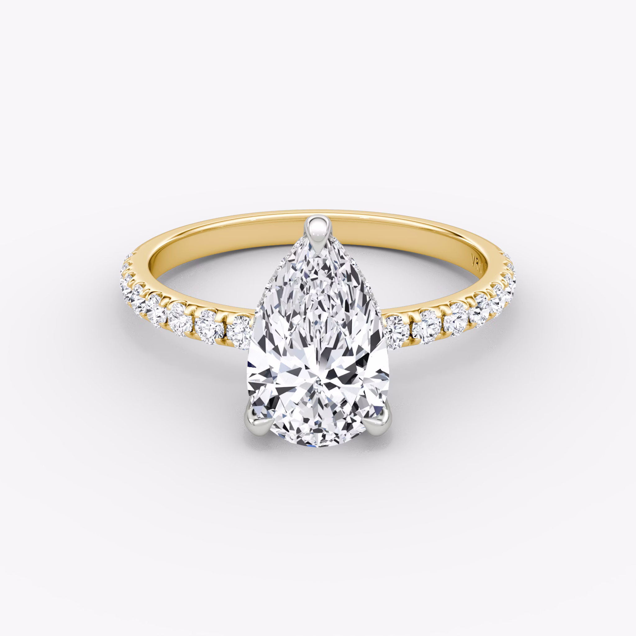 The Classic Hidden Halo | Pear | 18k | Yellow Gold and Platinum | bandAccent: Pavé | bandWidth: large | prongStyle: Pavé | diamondOrientation: vertical | caratWeight: other