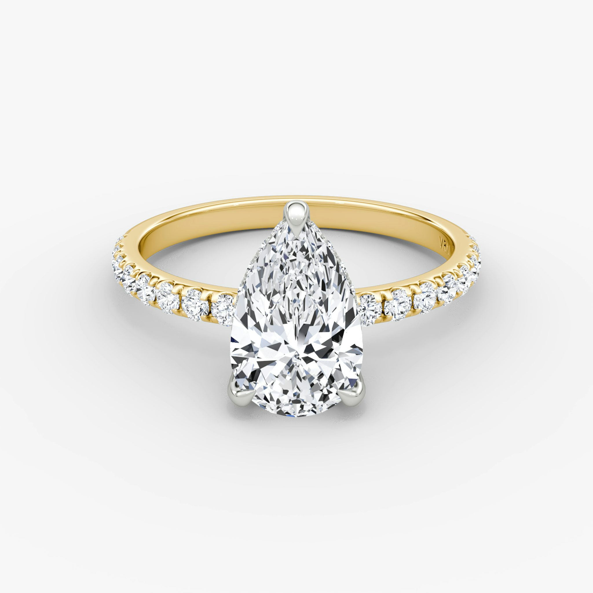 The Classic Hidden Halo | Pear | 18k | Yellow Gold and Platinum | bandAccent: Pavé | bandWidth: large | prongStyle: Pavé | diamondOrientation: vertical | caratWeight: other