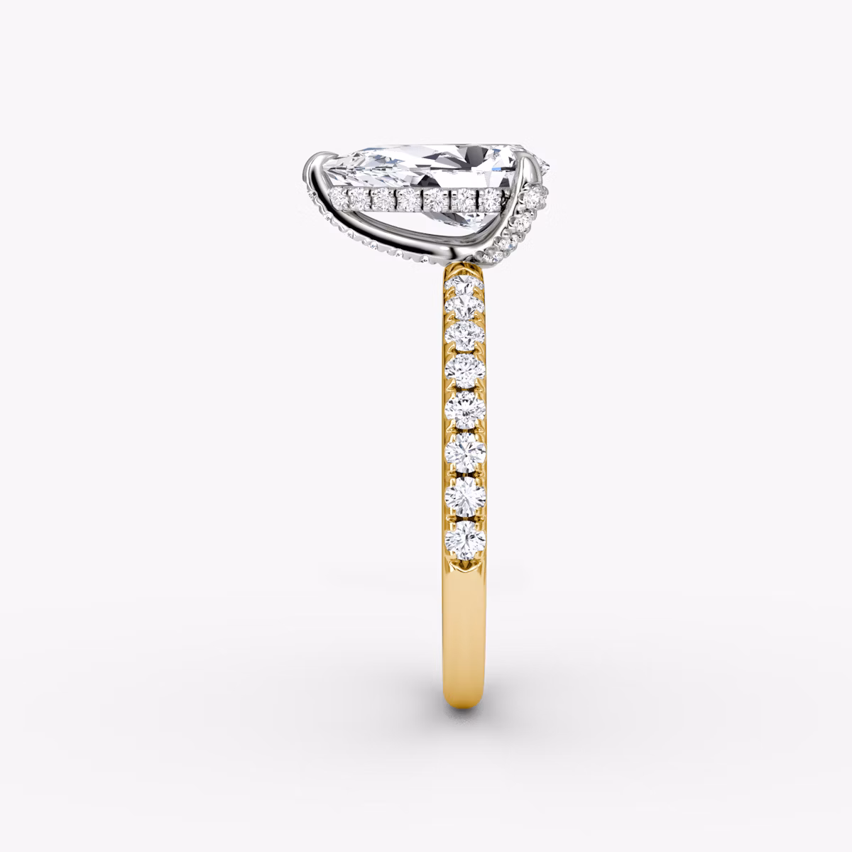 The Classic Hidden Halo | Pear | 18k | Yellow Gold and Platinum | bandAccent: Pavé | bandWidth: large | prongStyle: Pavé | diamondOrientation: vertical | caratWeight: other