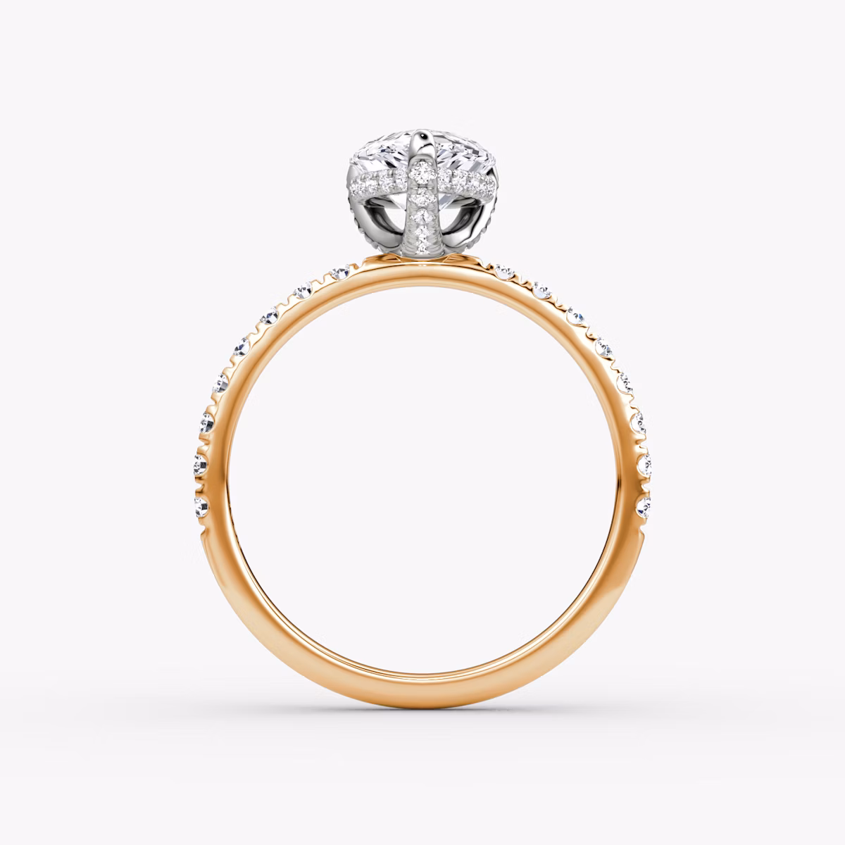 The Classic Hidden Halo | Pear | 14k | Rose Gold and Platinum | bandAccent: Pavé | bandWidth: large | prongStyle: Pavé | diamondOrientation: vertical | caratWeight: other