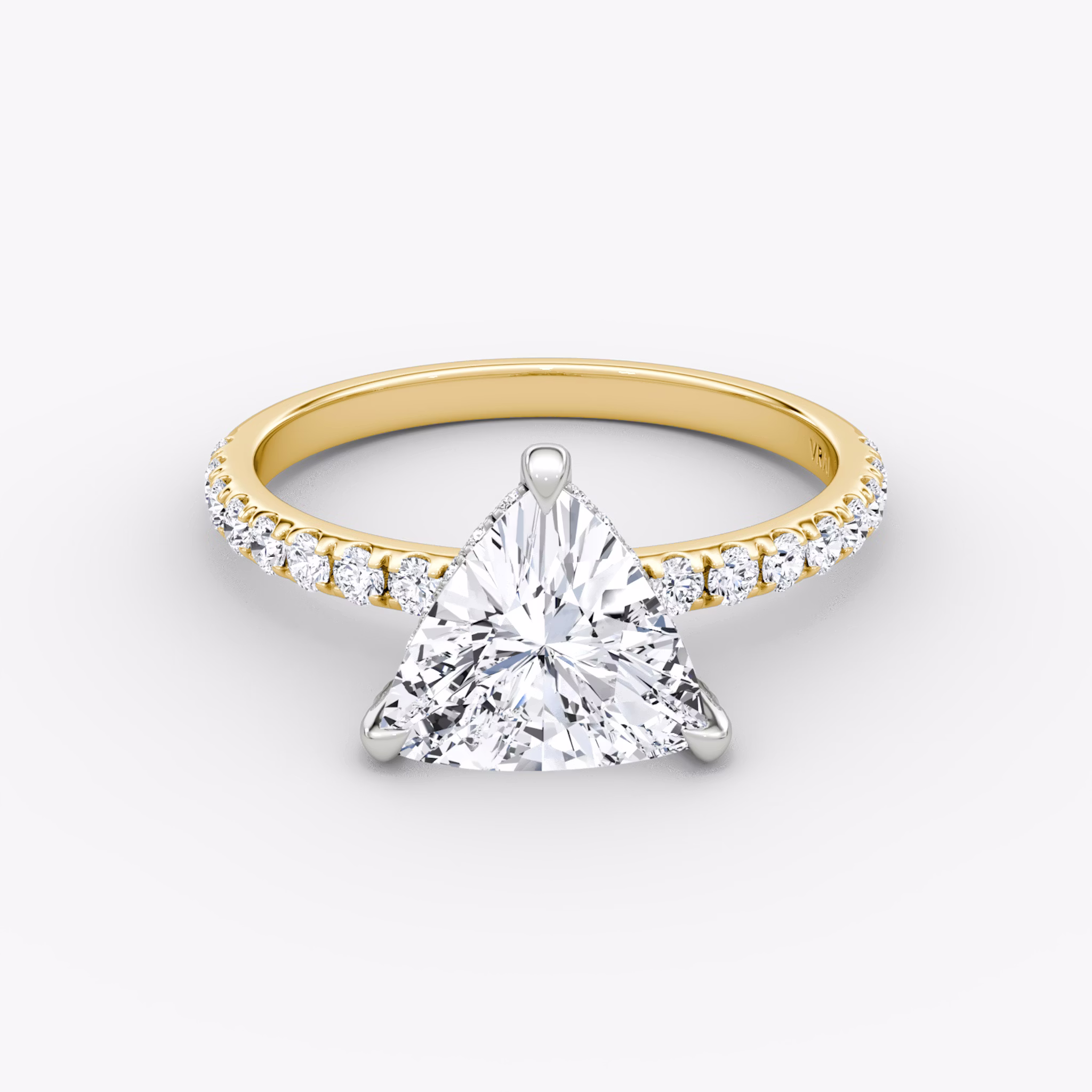 The Classic Hidden Halo | Trillion | 18k | Yellow Gold and Platinum | bandAccent: Pavé | bandWidth: large | prongStyle: Pavé | diamondOrientation: vertical | caratWeight: other