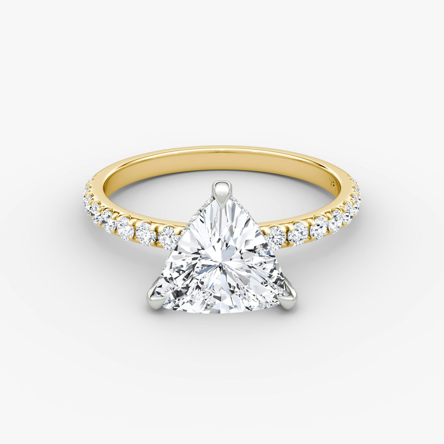 The Classic Hidden Halo | Trillion | 18k | Yellow Gold and Platinum | bandAccent: Pavé | bandWidth: large | prongStyle: Pavé | diamondOrientation: vertical | caratWeight: other