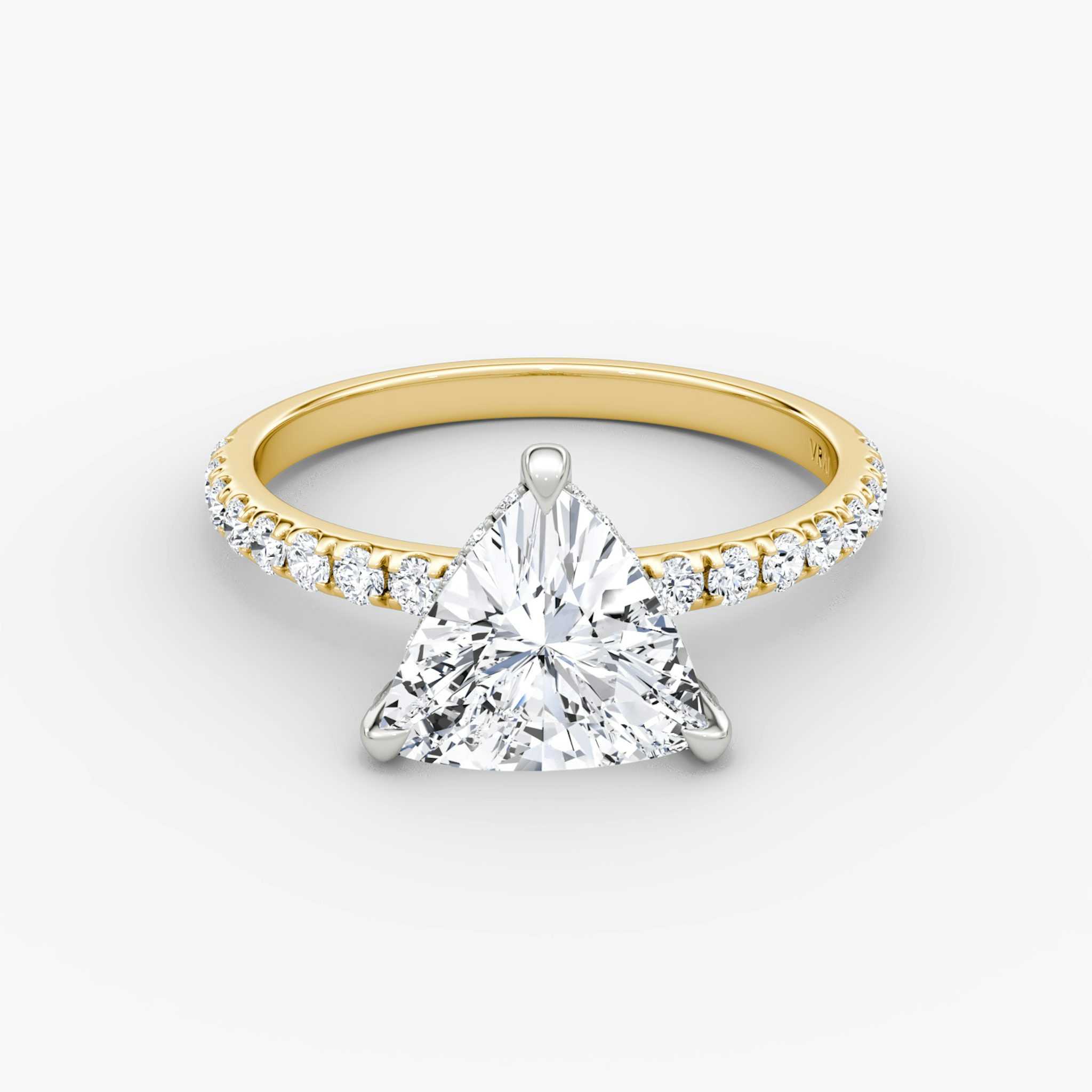 The Classic Hidden Halo | Trillion | 18k | Yellow Gold and Platinum | bandAccent: Pavé | bandWidth: large | prongStyle: Pavé | diamondOrientation: vertical | caratWeight: other
