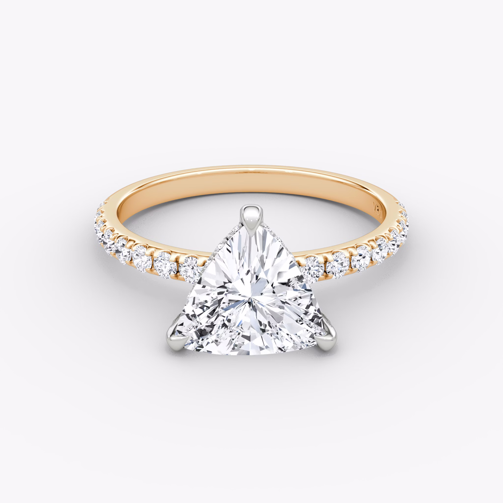 The Classic Hidden Halo | Trillion | 14k | Rose Gold and Platinum | bandAccent: Pavé | bandWidth: large | prongStyle: Pavé | diamondOrientation: vertical | caratWeight: other