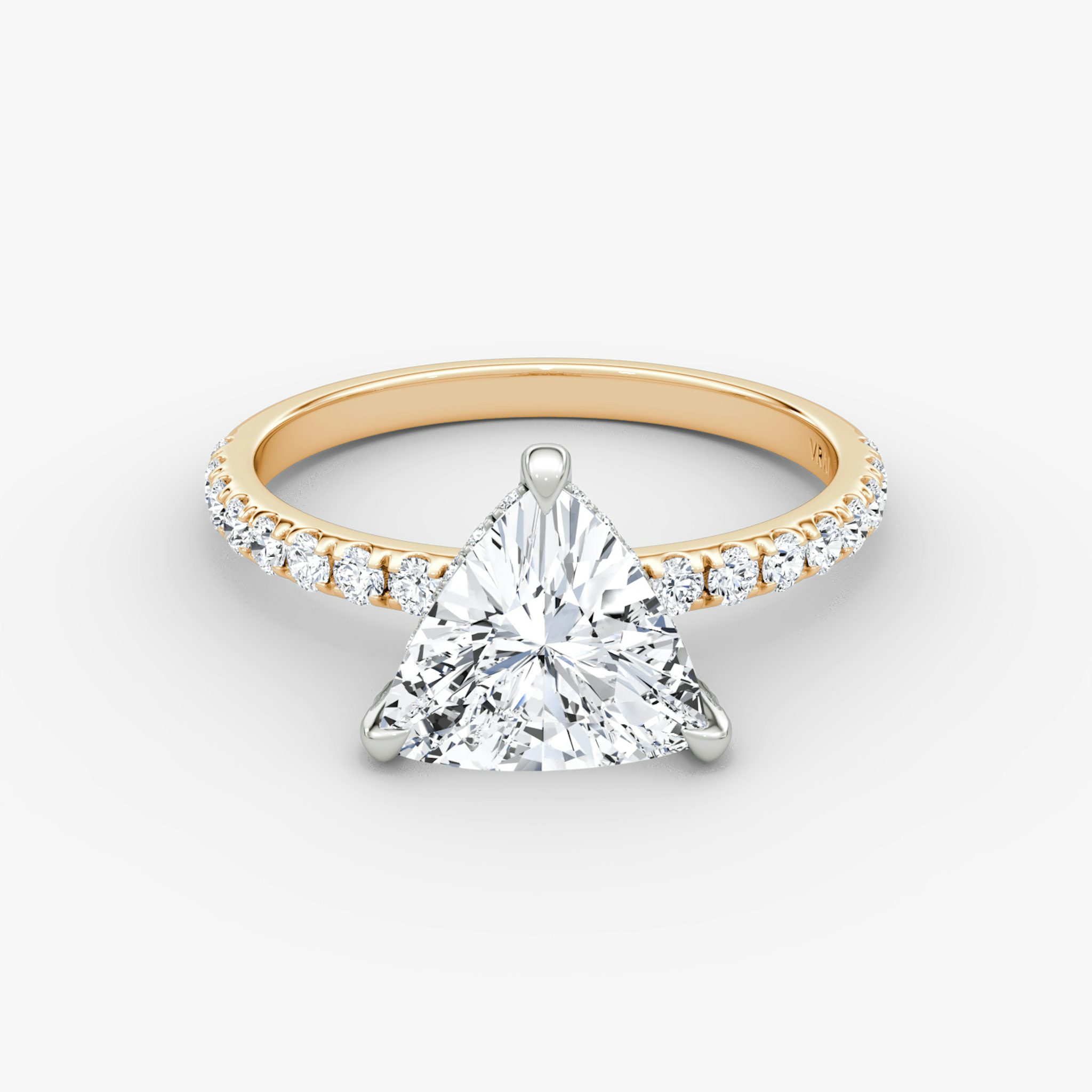 The Classic Hidden Halo | Trillion | 14k | Rose Gold and Platinum | bandAccent: Pavé | bandWidth: large | prongStyle: Pavé | diamondOrientation: vertical | caratWeight: other