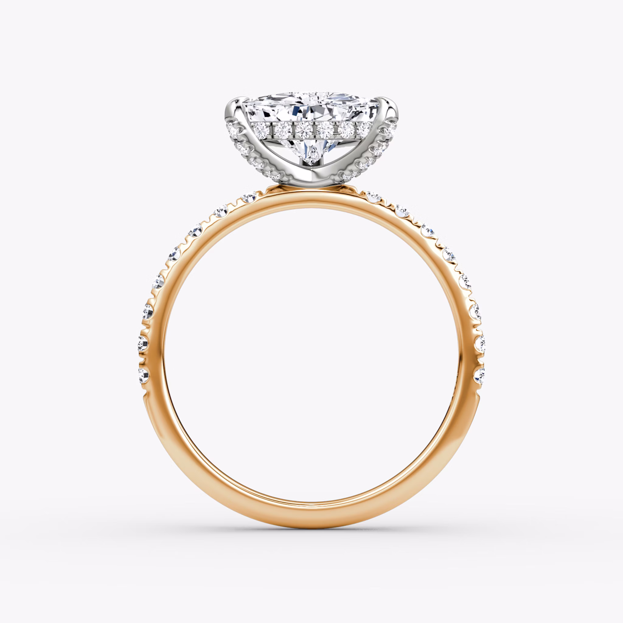 The Classic Hidden Halo | Trillion | 14k | Rose Gold and Platinum | bandAccent: Pavé | bandWidth: large | prongStyle: Pavé | diamondOrientation: vertical | caratWeight: other