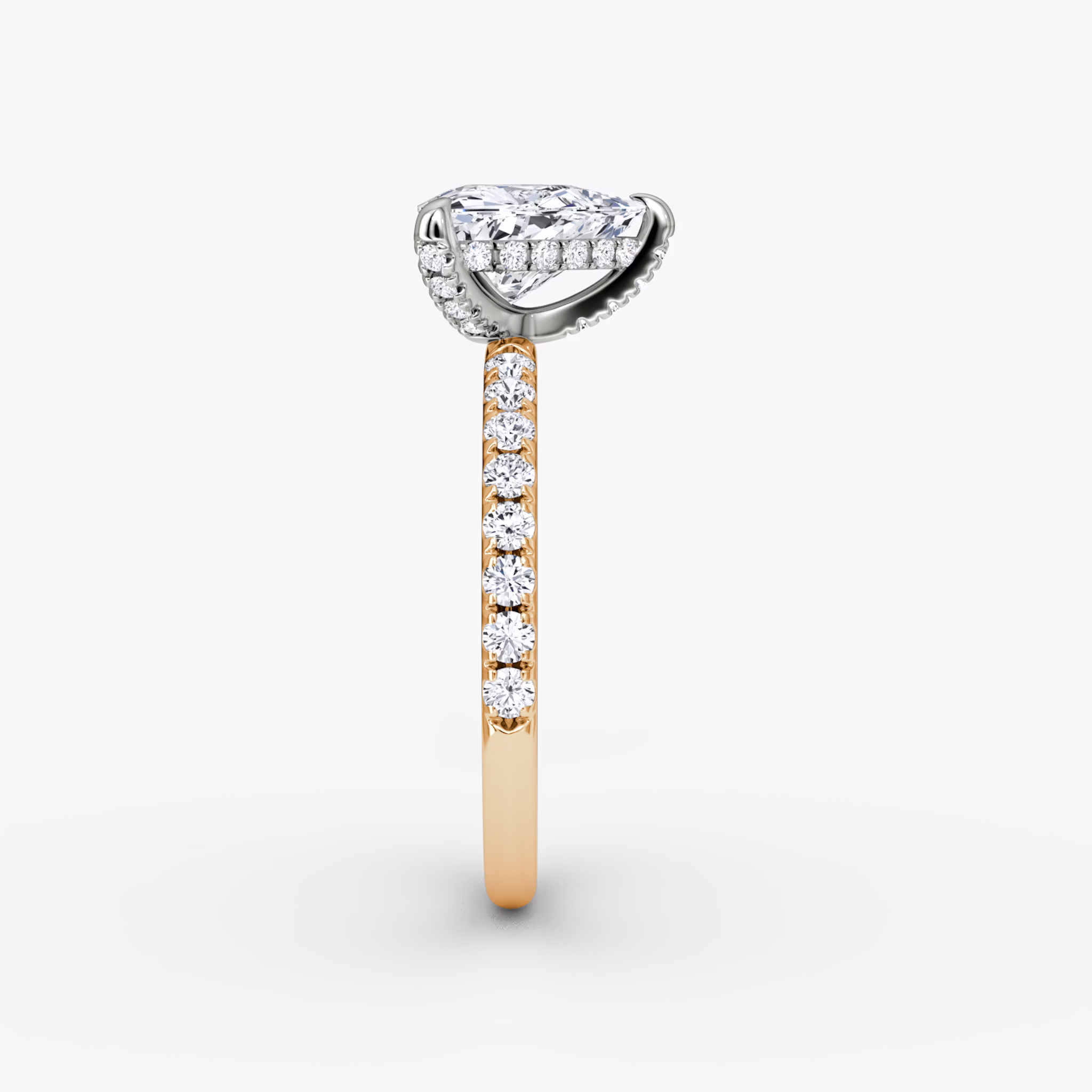 The Classic Hidden Halo | Trillion | 14k | Rose Gold and Platinum | bandAccent: Pavé | bandWidth: large | prongStyle: Pavé | diamondOrientation: vertical | caratWeight: other