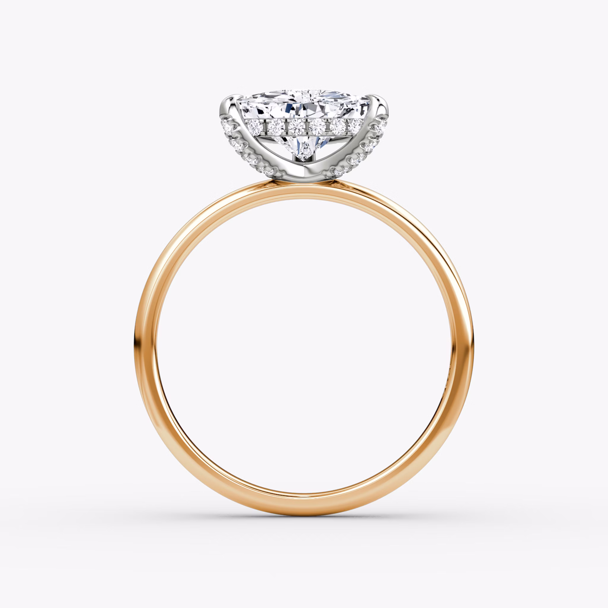 The Classic Hidden Halo | Trillion | 14k | Rose Gold and Platinum | bandAccent: Plain | bandWidth: large | prongStyle: Pavé | diamondOrientation: vertical | caratWeight: other