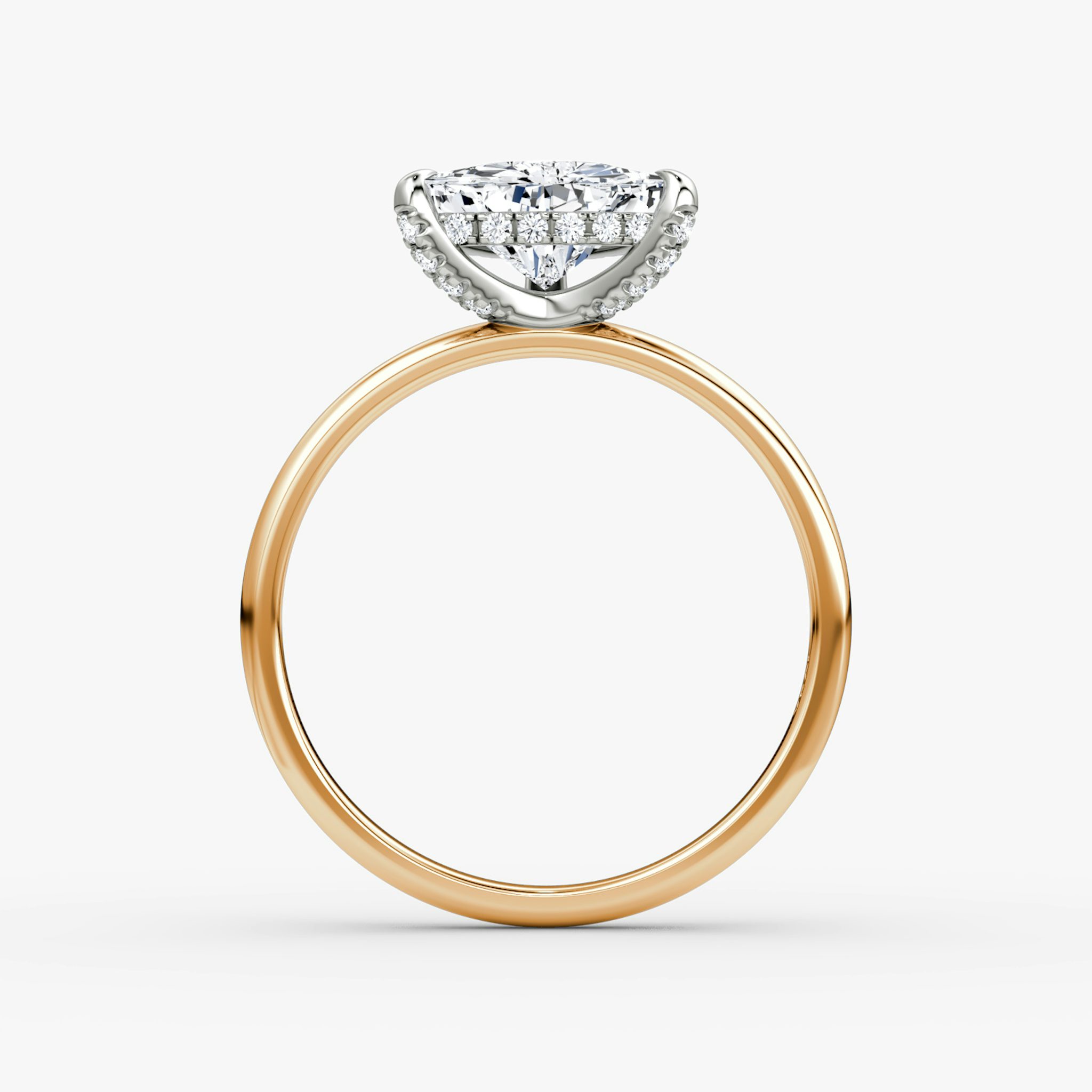 The Classic Hidden Halo | Trillion | 14k | Rose Gold and Platinum | bandAccent: Plain | bandWidth: large | prongStyle: Pavé | diamondOrientation: vertical | caratWeight: other