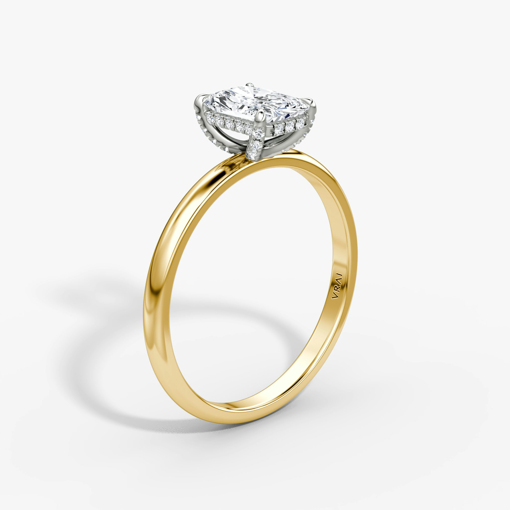 The Classic Hidden Halo | Radiant | 18k | Yellow Gold and Platinum | bandAccent: Plain | bandWidth: large | prongStyle: Pavé | diamondOrientation: vertical | caratWeight: other