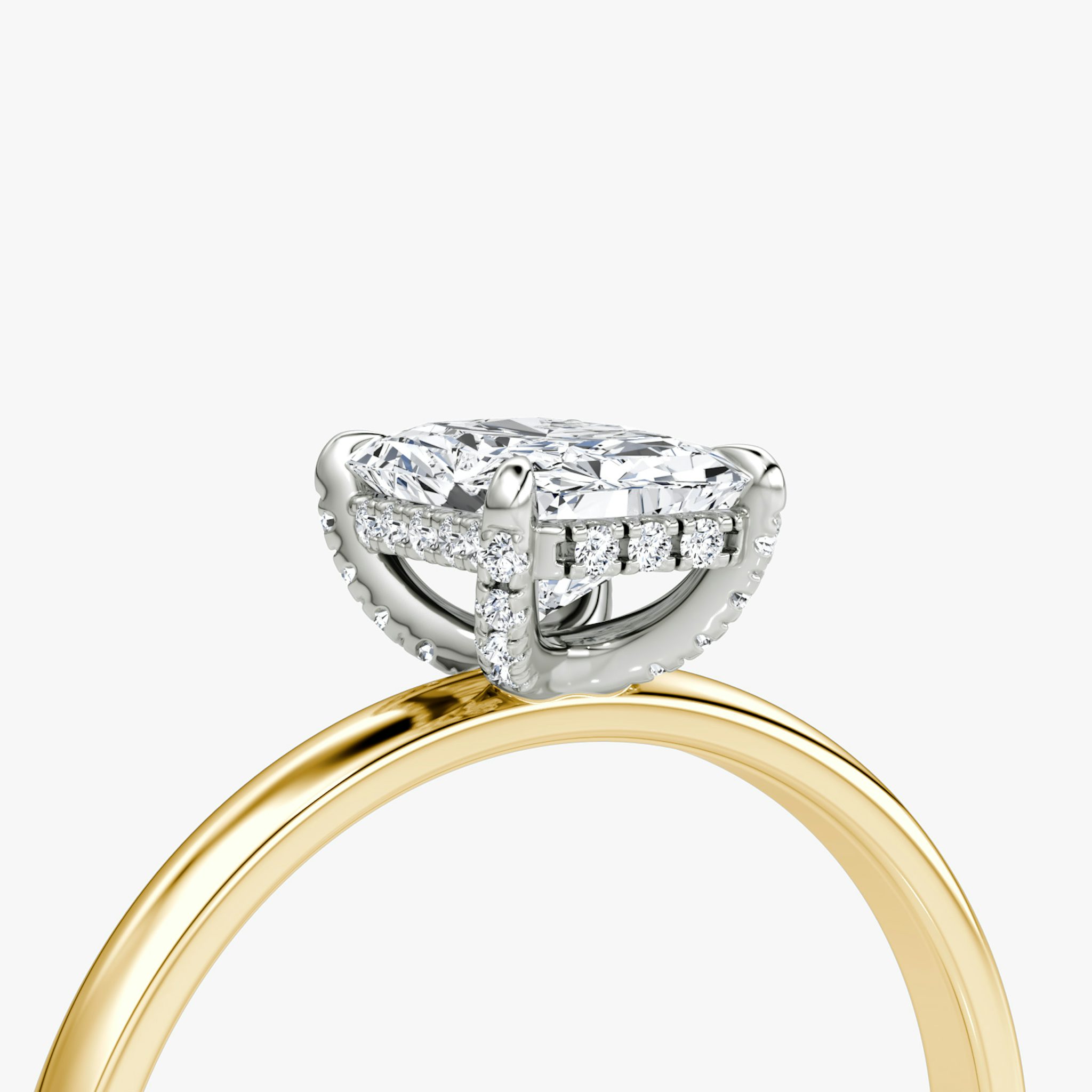 The Classic Hidden Halo | Radiant | 18k | Yellow Gold and Platinum | bandAccent: Plain | bandWidth: large | prongStyle: Pavé | diamondOrientation: vertical | caratWeight: other