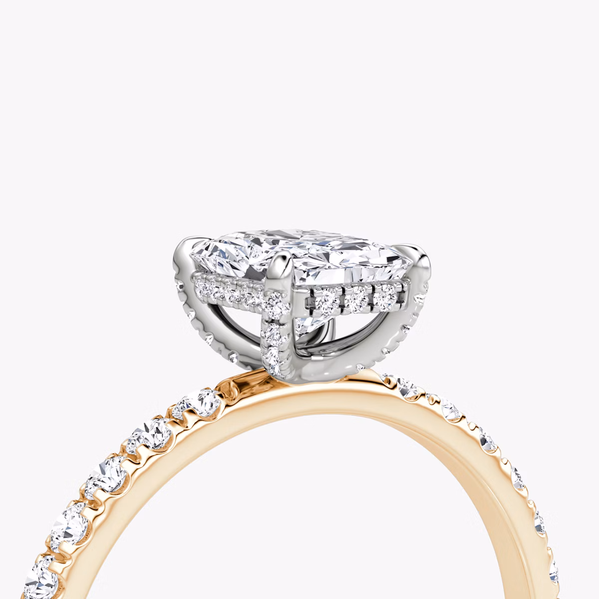 The Classic Hidden Halo | Radiant | 14k | Rose Gold and Platinum | bandAccent: Pavé | bandWidth: large | prongStyle: Pavé | diamondOrientation: vertical | caratWeight: other