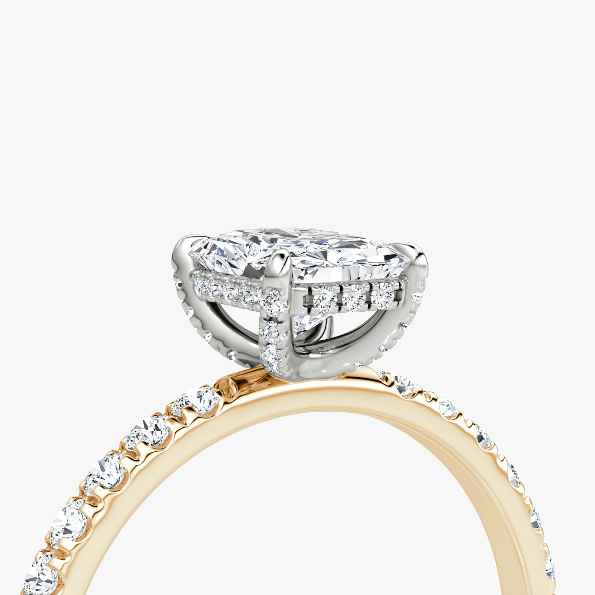 The Classic Hidden Halo | Radiant | 14k | Rose Gold and Platinum | bandAccent: Pavé | bandWidth: large | prongStyle: Pavé | diamondOrientation: vertical | caratWeight: other