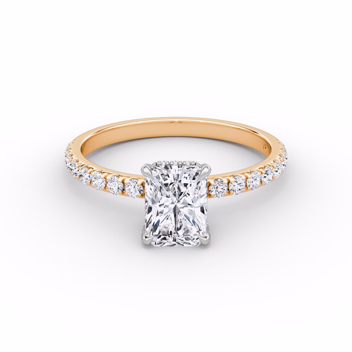 The Classic Hidden Halo | Radiant | 14k | Rose Gold and Platinum | bandAccent: Pavé | bandWidth: large | prongStyle: Pavé | diamondOrientation: vertical | caratWeight: other