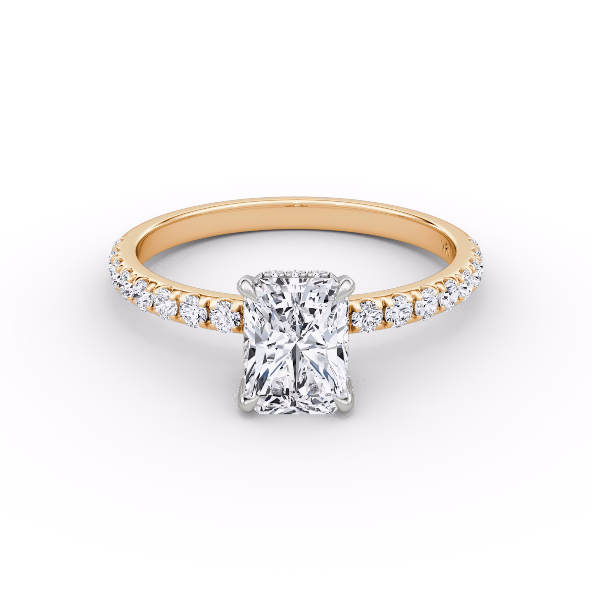The Classic Hidden Halo | Radiant | 14k | Rose Gold and Platinum | bandAccent: Pavé | bandWidth: large | prongStyle: Pavé | diamondOrientation: vertical | caratWeight: other