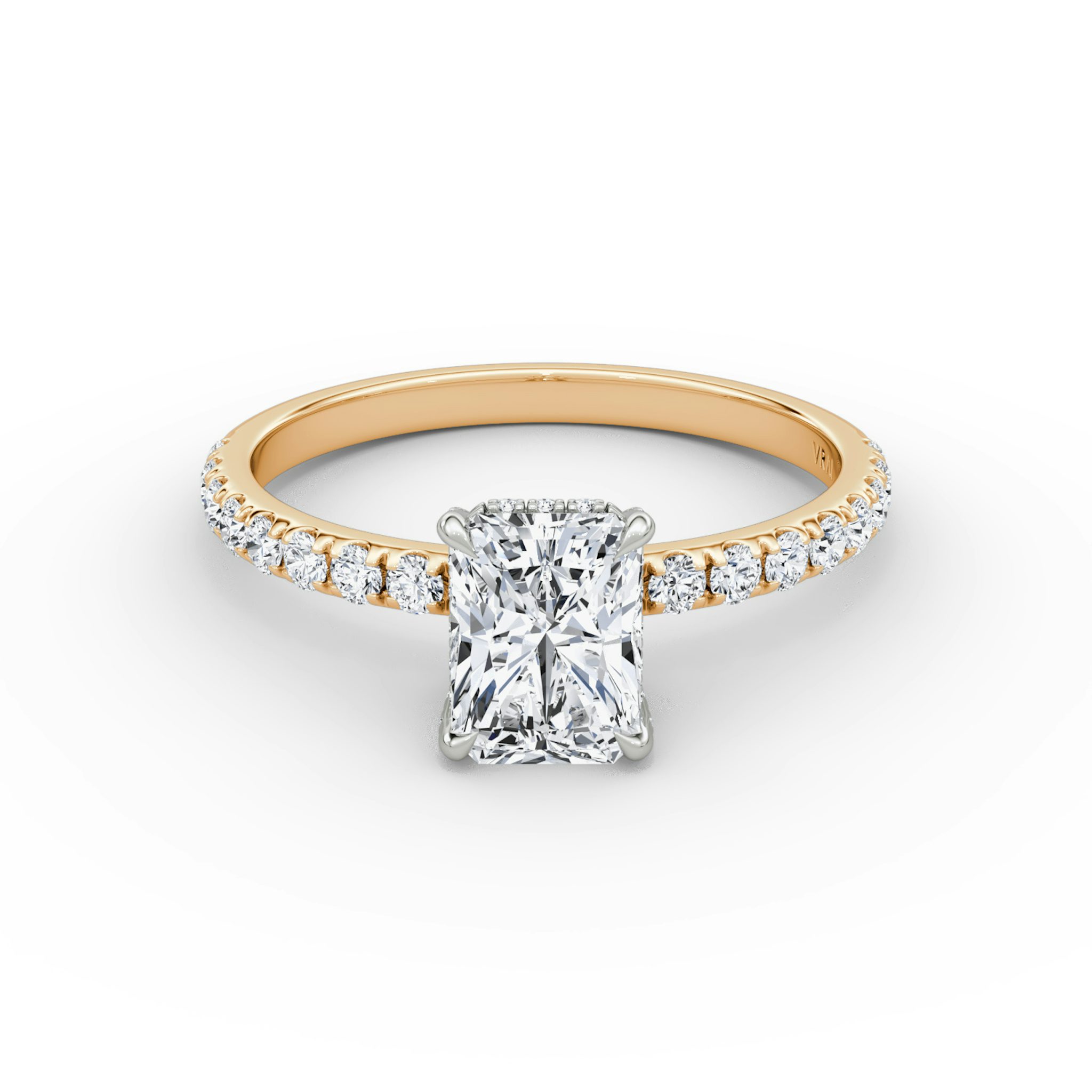 The Classic Hidden Halo | Radiant | 14k | Rose Gold and Platinum | bandAccent: Pavé | bandWidth: large | prongStyle: Pavé | diamondOrientation: vertical | caratWeight: other