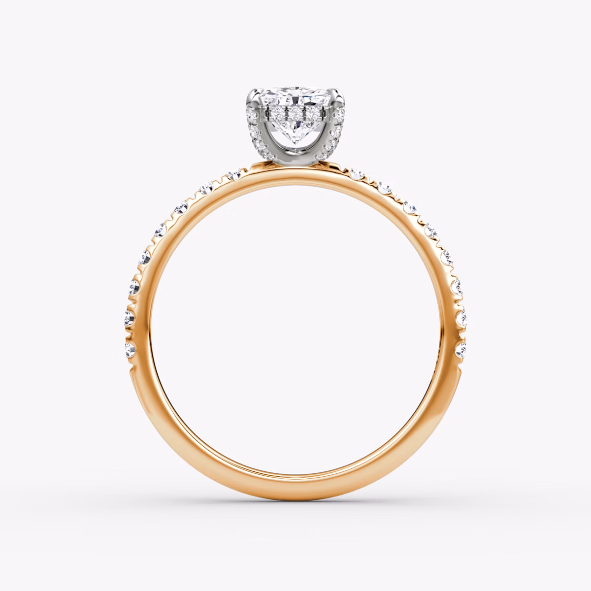 The Classic Hidden Halo | Radiant | 14k | Rose Gold and Platinum | bandAccent: Pavé | bandWidth: large | prongStyle: Pavé | diamondOrientation: vertical | caratWeight: other