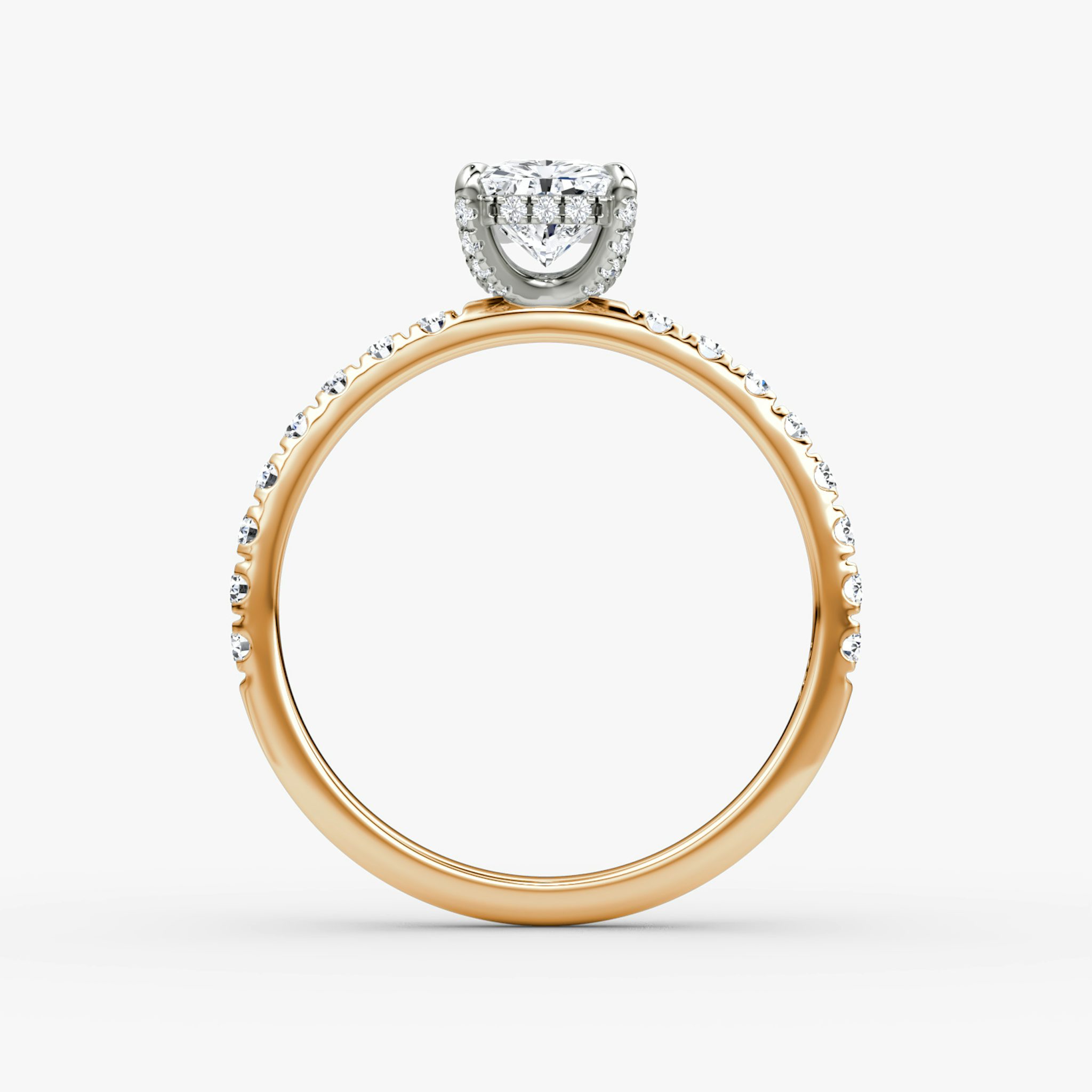 The Classic Hidden Halo | Radiant | 14k | Rose Gold and Platinum | bandAccent: Pavé | bandWidth: large | prongStyle: Pavé | diamondOrientation: vertical | caratWeight: other