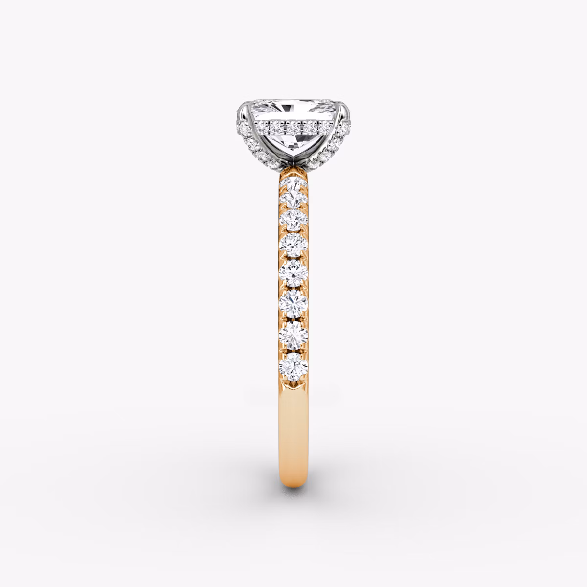 The Classic Hidden Halo | Radiant | 14k | Rose Gold and Platinum | bandAccent: Pavé | bandWidth: large | prongStyle: Pavé | diamondOrientation: vertical | caratWeight: other