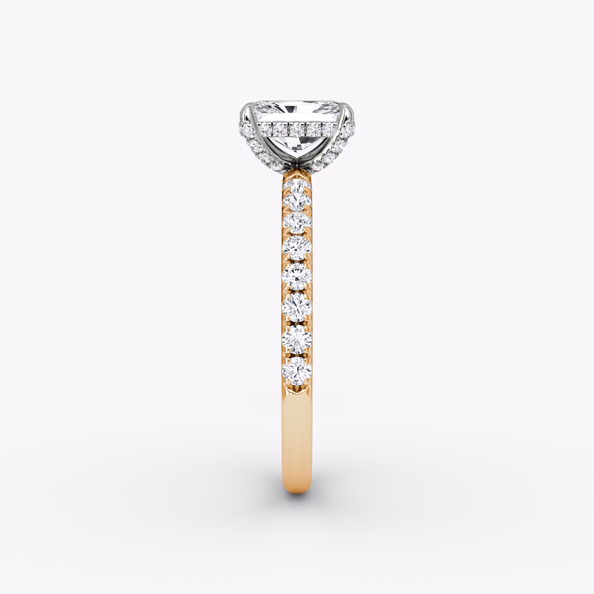 The Classic Hidden Halo | Radiant | 14k | Rose Gold and Platinum | bandAccent: Pavé | bandWidth: large | prongStyle: Pavé | diamondOrientation: vertical | caratWeight: other
