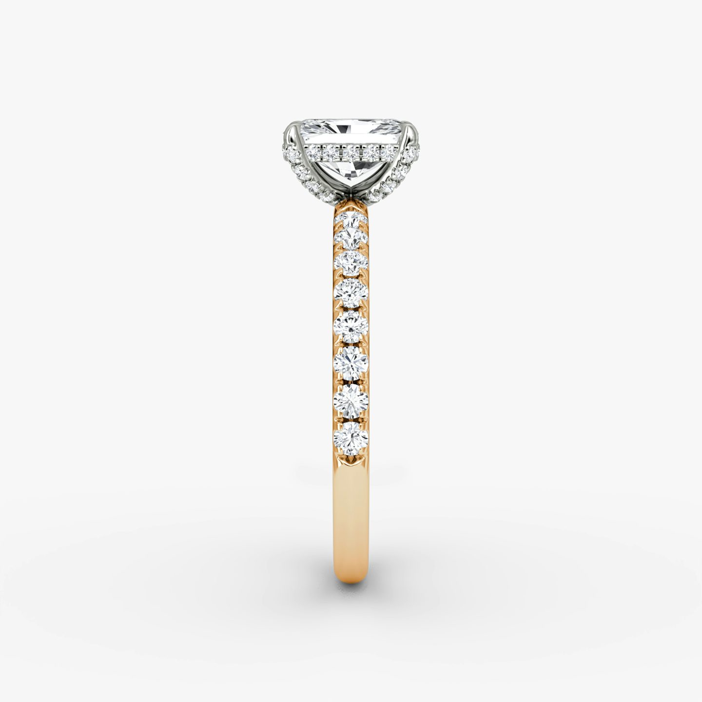 The Classic Hidden Halo | Radiant | 14k | Rose Gold and Platinum | bandAccent: Pavé | bandWidth: large | prongStyle: Pavé | diamondOrientation: vertical | caratWeight: other