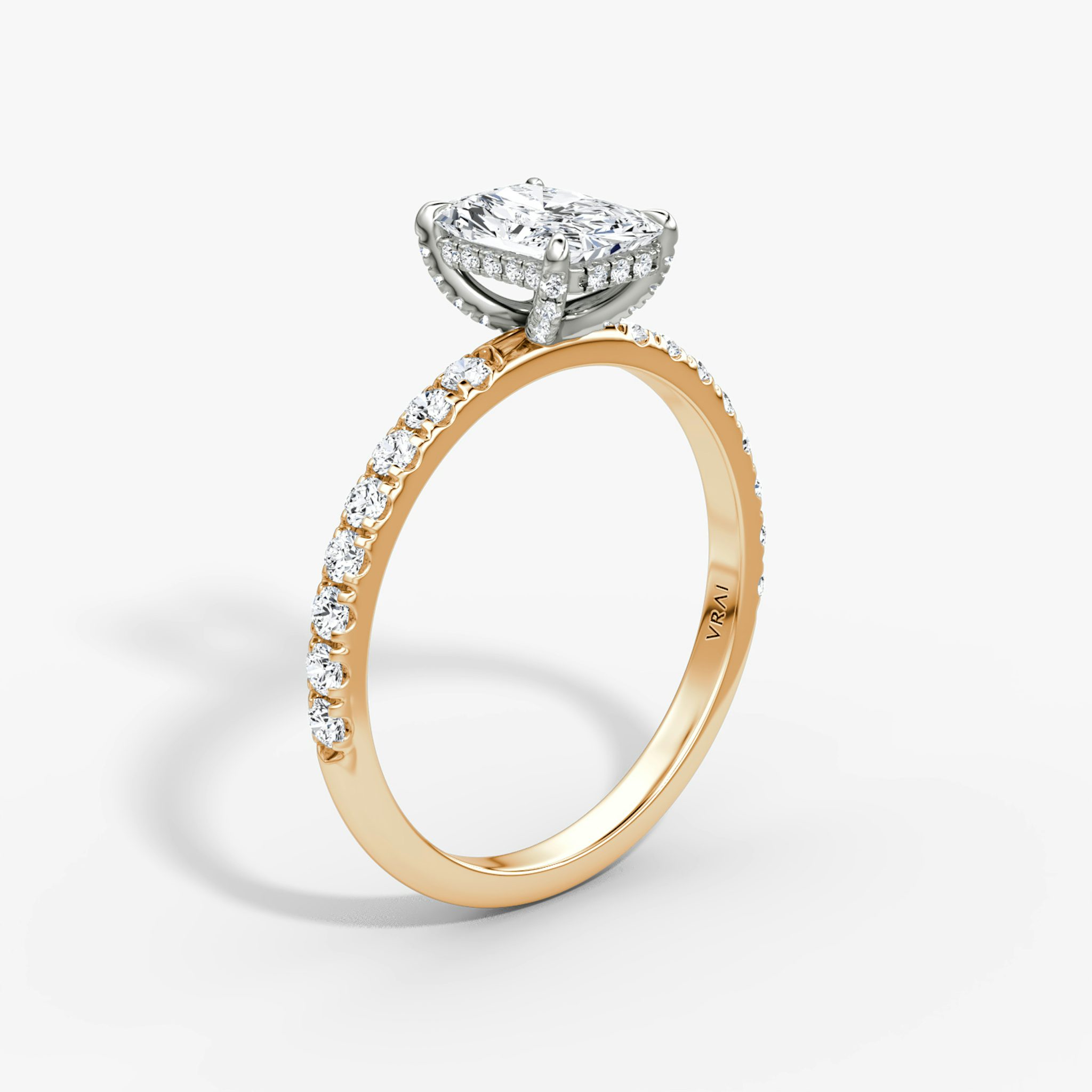 The Classic Hidden Halo | Radiant | 14k | Rose Gold and Platinum | bandAccent: Pavé | bandWidth: large | prongStyle: Pavé | diamondOrientation: vertical | caratWeight: other