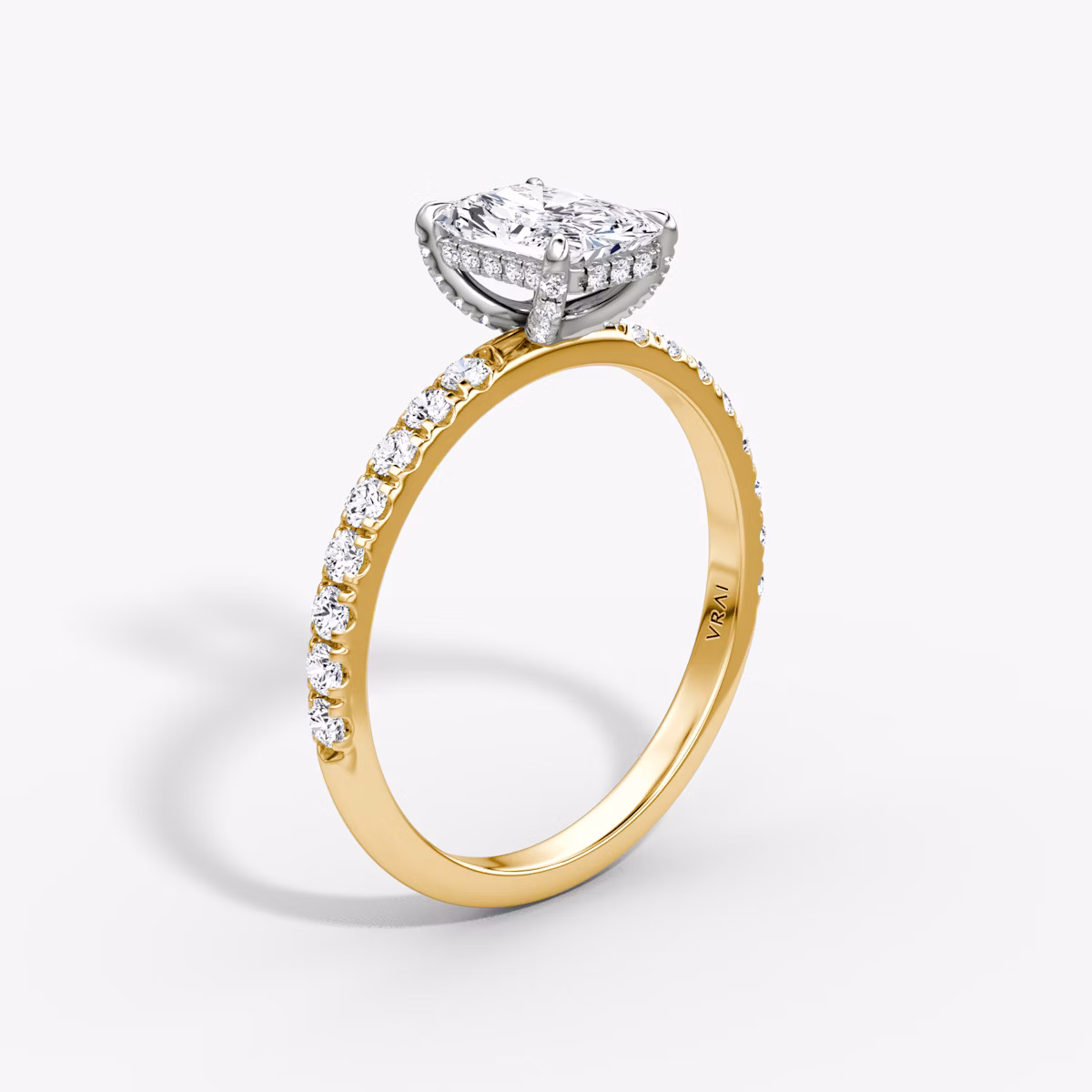 The Classic Hidden Halo | Radiant | 18k | Yellow Gold and Platinum | bandAccent: Pavé | bandWidth: large | prongStyle: Pavé | diamondOrientation: vertical | caratWeight: other