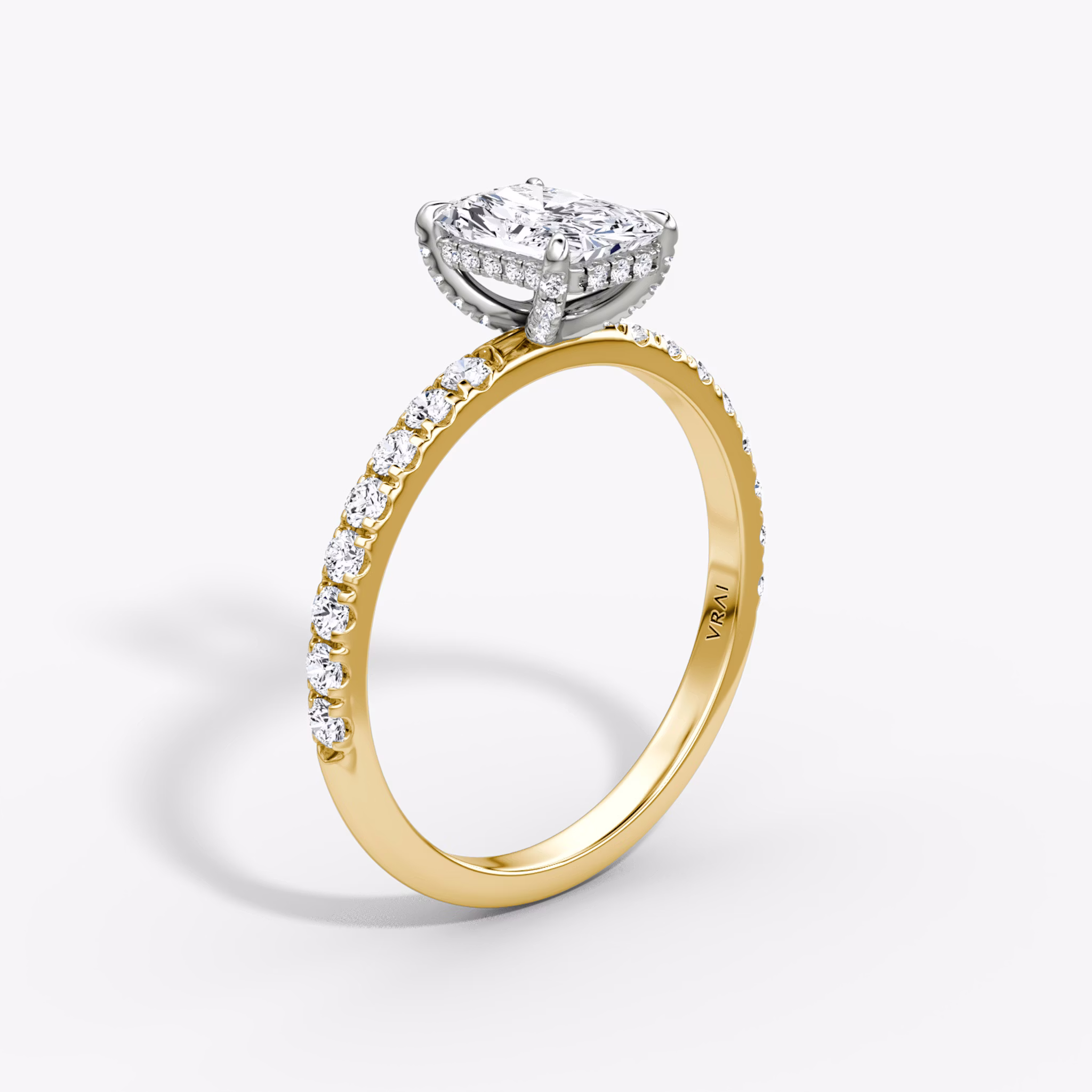 The Classic Hidden Halo | Radiant | 18k | Yellow Gold and Platinum | bandAccent: Pavé | bandWidth: large | prongStyle: Pavé | diamondOrientation: vertical | caratWeight: other