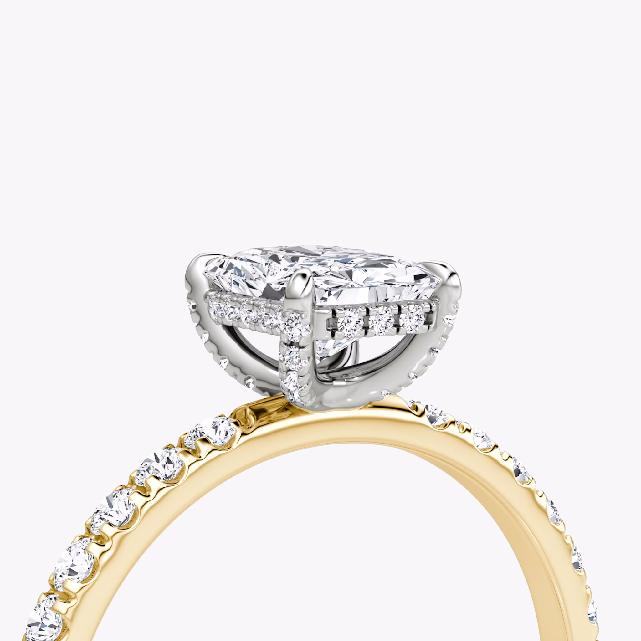 The Classic Hidden Halo | Radiant | 18k | Yellow Gold and Platinum | bandAccent: Pavé | bandWidth: large | prongStyle: Pavé | diamondOrientation: vertical | caratWeight: other