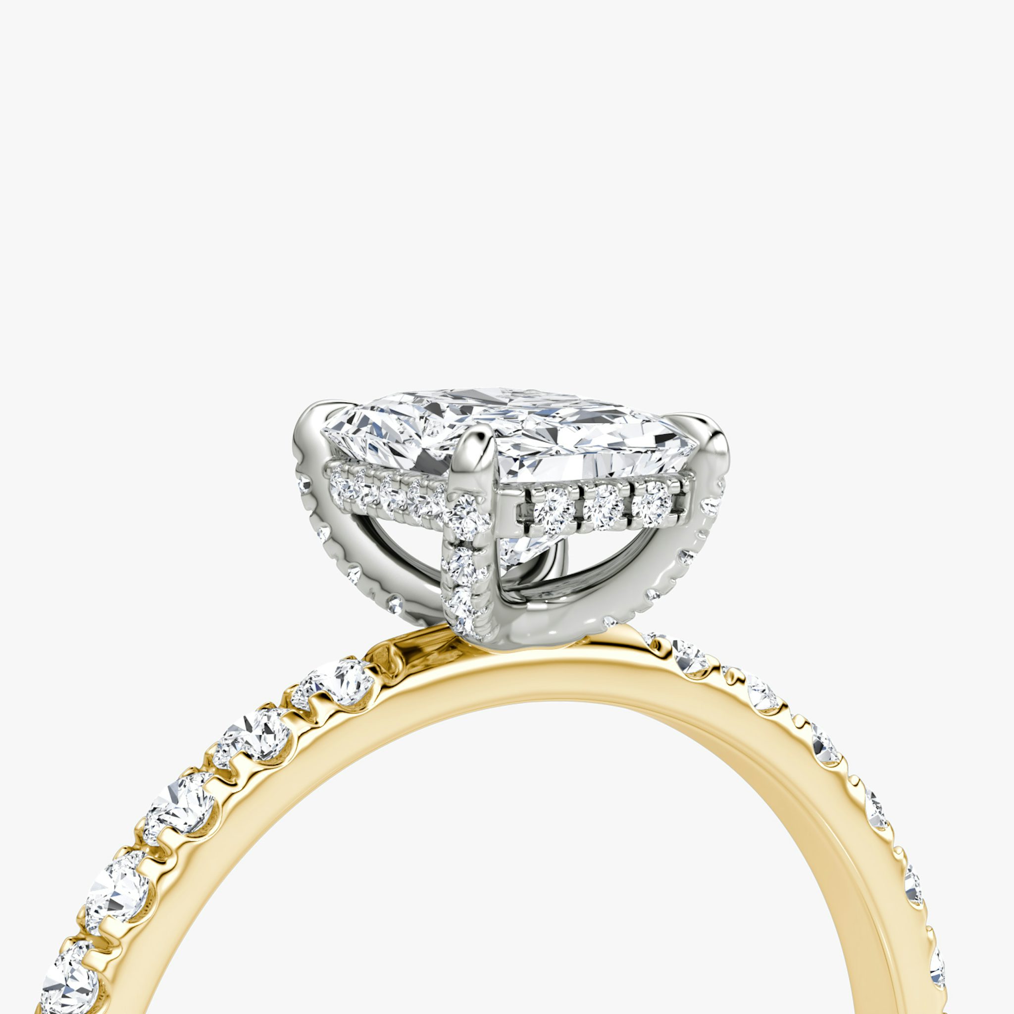 The Classic Hidden Halo | Radiant | 18k | Yellow Gold and Platinum | bandAccent: Pavé | bandWidth: large | prongStyle: Pavé | diamondOrientation: vertical | caratWeight: other