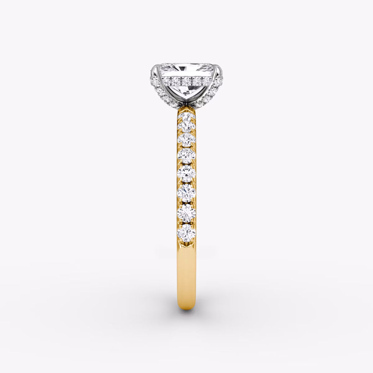 The Classic Hidden Halo | Radiant | 18k | Yellow Gold and Platinum | bandAccent: Pavé | bandWidth: large | prongStyle: Pavé | diamondOrientation: vertical | caratWeight: other