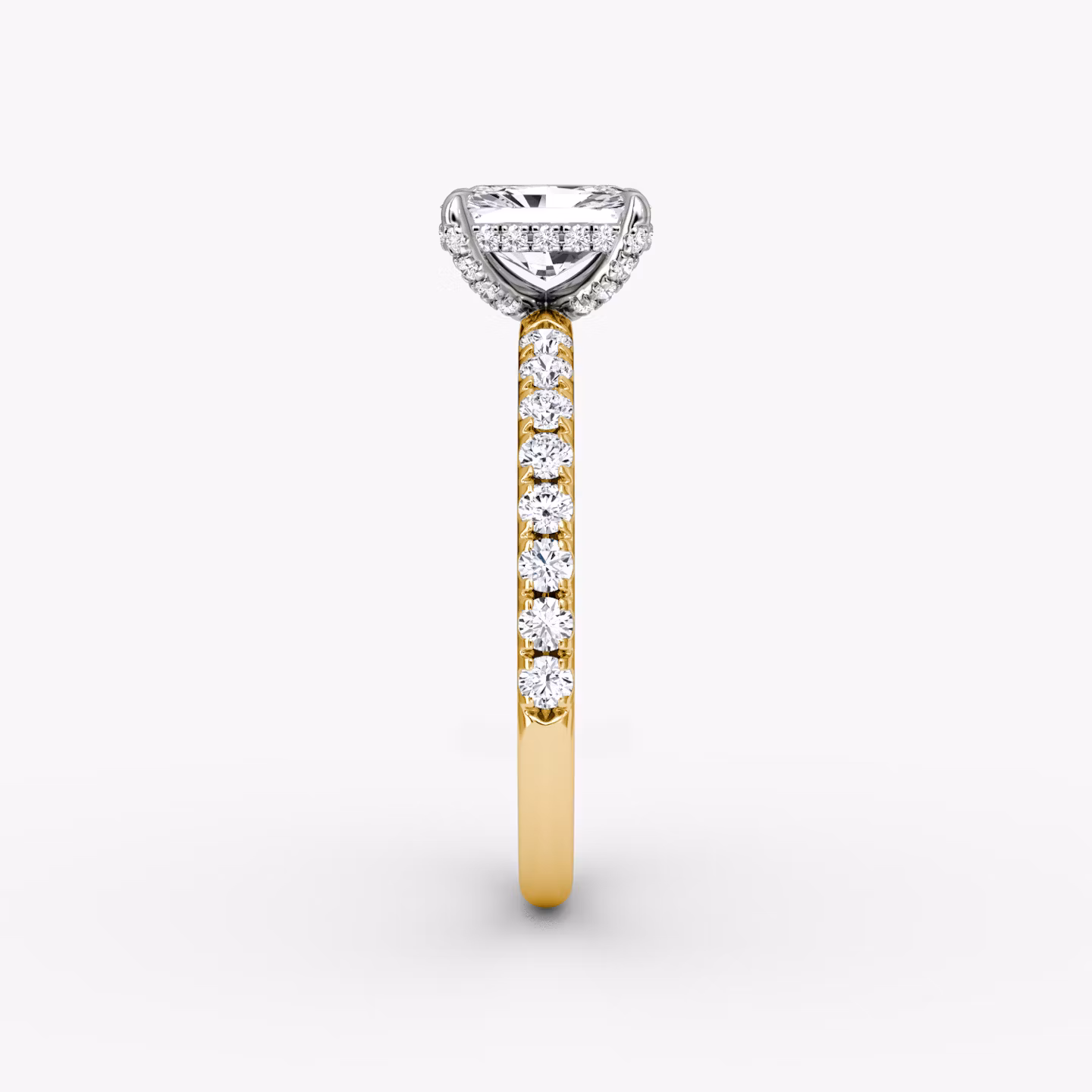 The Classic Hidden Halo | Radiant | 18k | Yellow Gold and Platinum | bandAccent: Pavé | bandWidth: large | prongStyle: Pavé | diamondOrientation: vertical | caratWeight: other