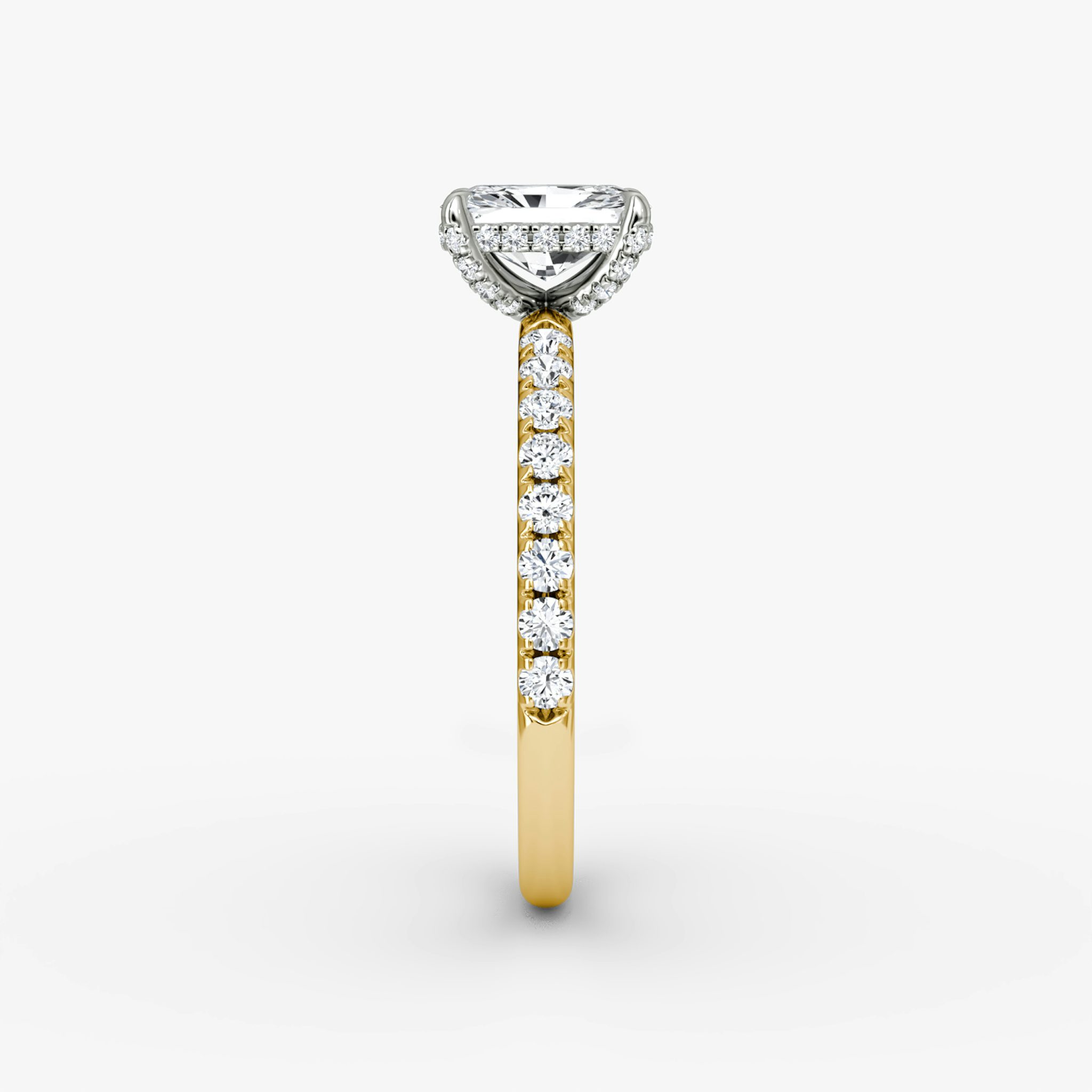 The Classic Hidden Halo | Radiant | 18k | Yellow Gold and Platinum | bandAccent: Pavé | bandWidth: large | prongStyle: Pavé | diamondOrientation: vertical | caratWeight: other