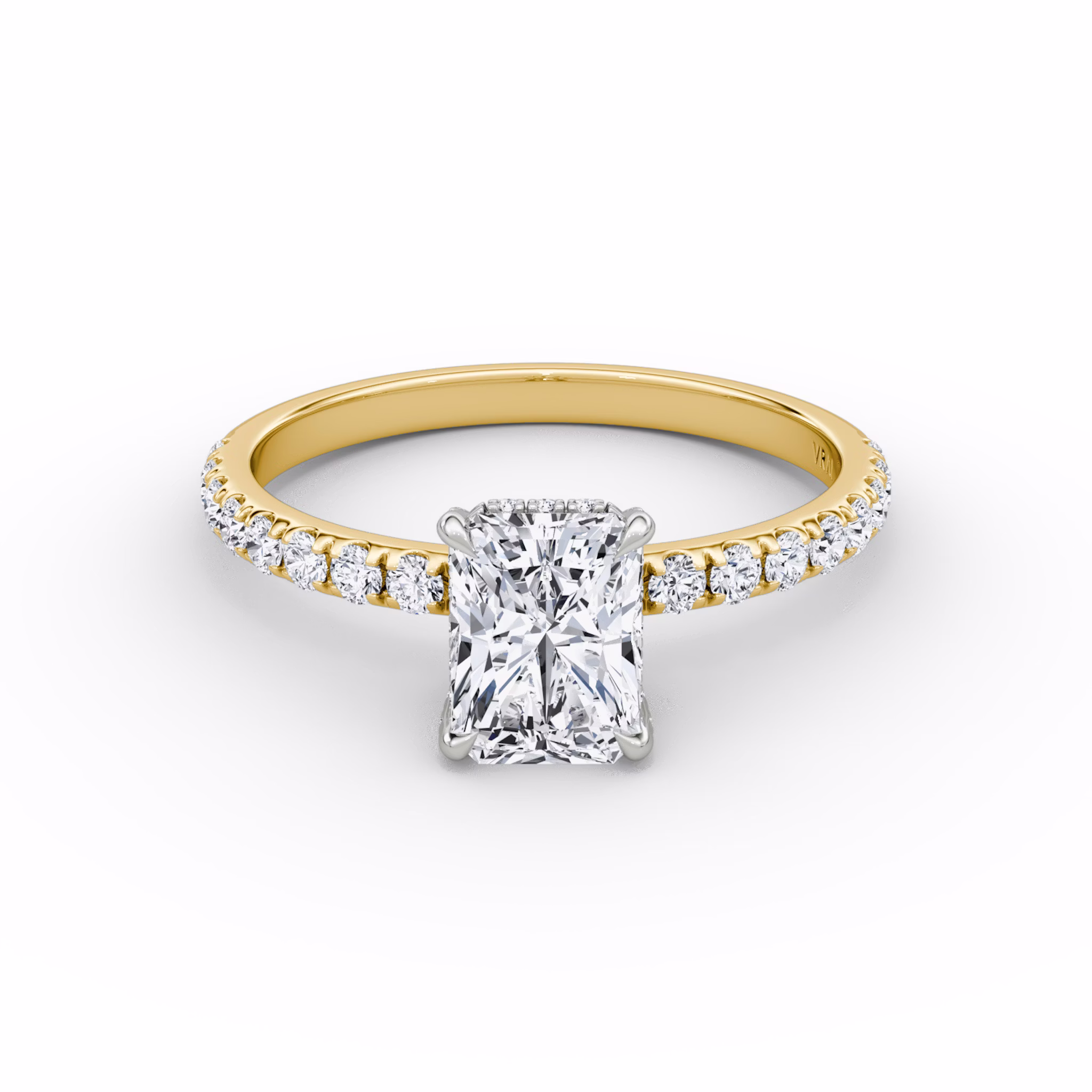 The Classic Hidden Halo | Radiant | 18k | Yellow Gold and Platinum | bandAccent: Pavé | bandWidth: large | prongStyle: Pavé | diamondOrientation: vertical | caratWeight: other
