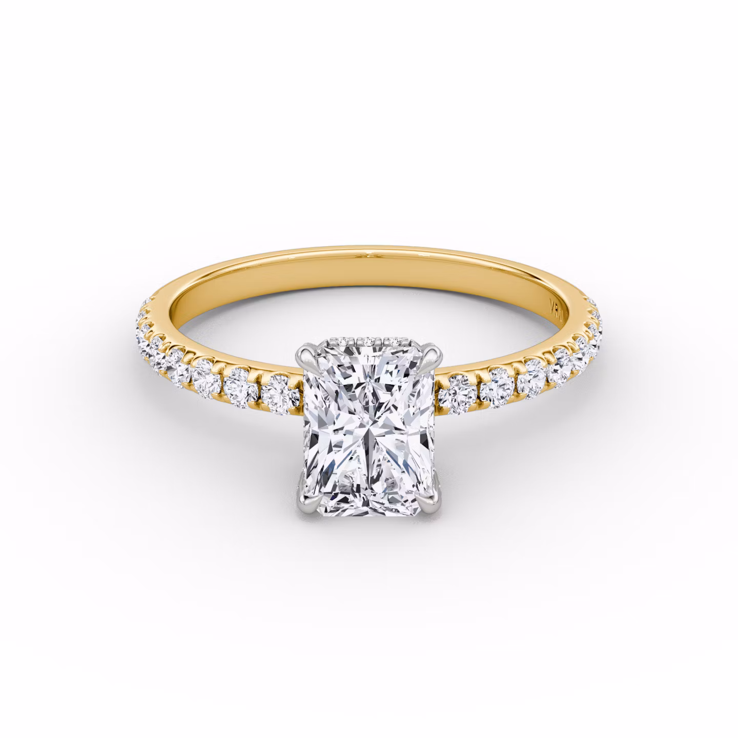 The Classic Hidden Halo | Radiant | 18k | Yellow Gold and Platinum | bandAccent: Pavé | bandWidth: large | prongStyle: Pavé | diamondOrientation: vertical | caratWeight: other