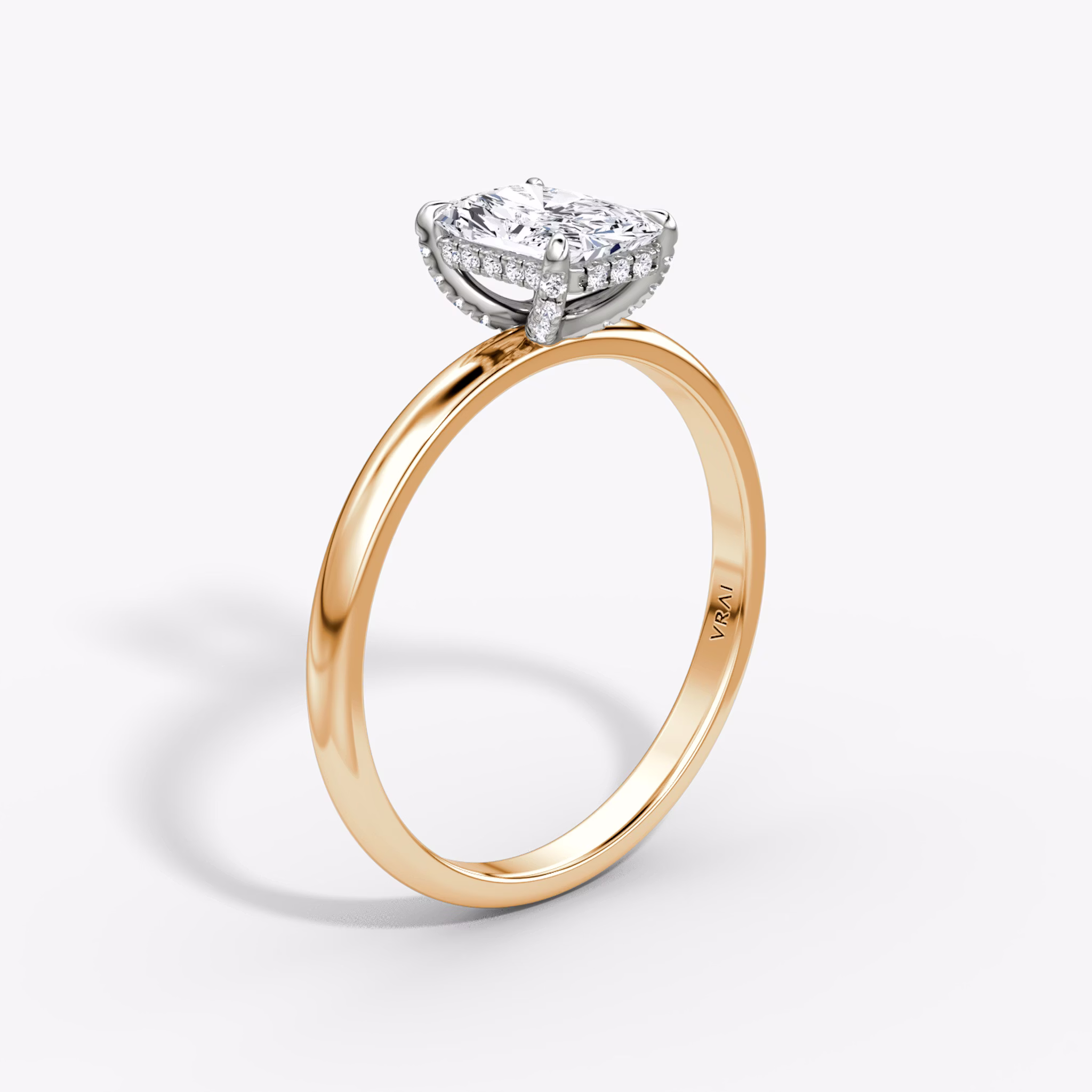 The Classic Hidden Halo | Radiant | 14k | Rose Gold and Platinum | bandAccent: Plain | bandWidth: large | prongStyle: Pavé | diamondOrientation: vertical | caratWeight: other